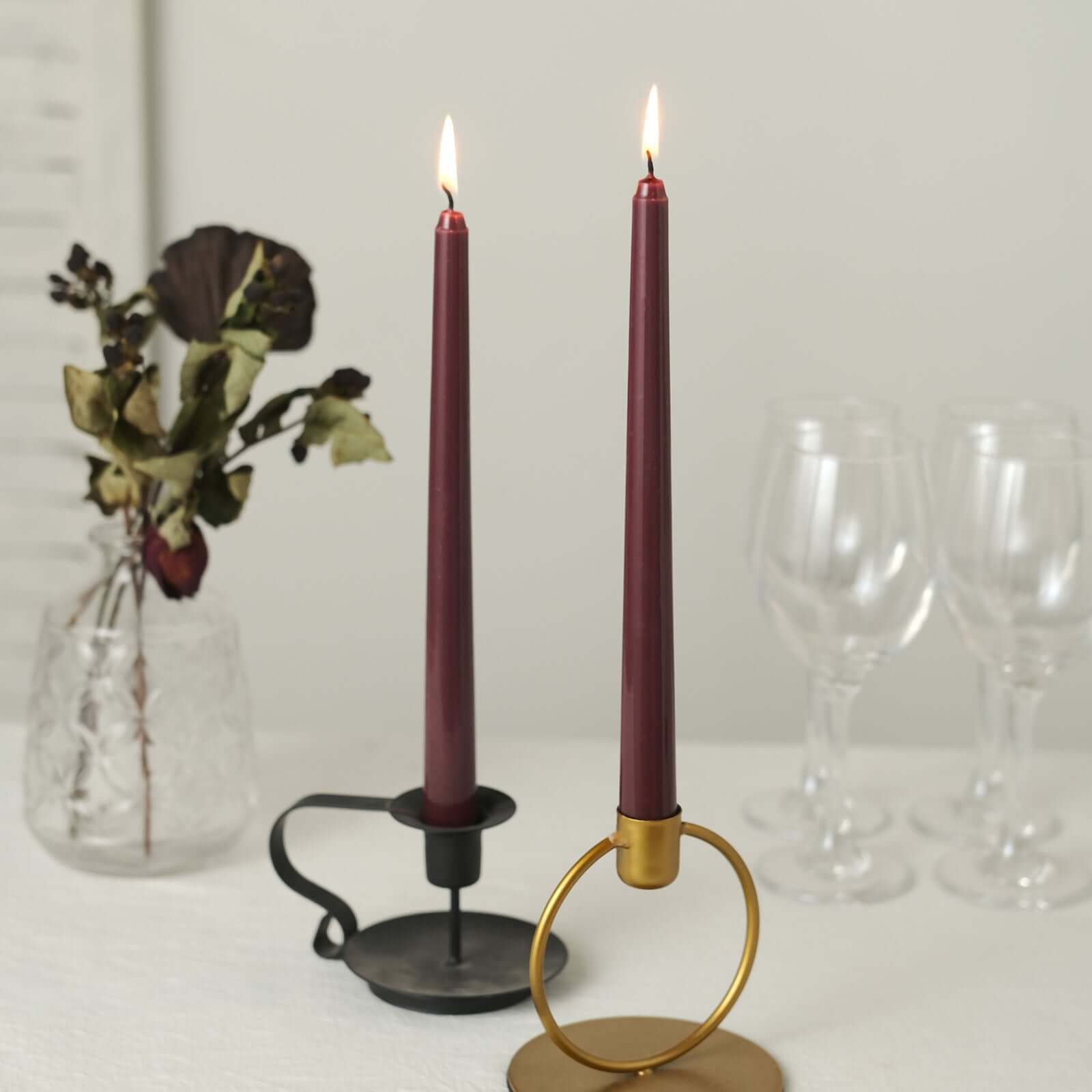Premium 12-Pack Unscented Burgundy Taper Candles for Elegant Settings - 10 Inches