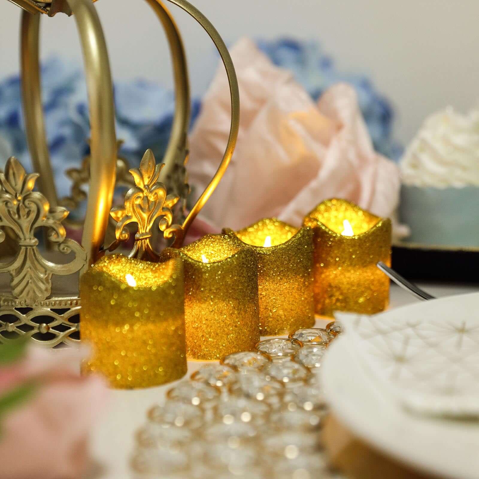 Hot Sale! 12-Piece Reusable Flameless LED Votive Candles with Glittered Gold Design, Battery Operated