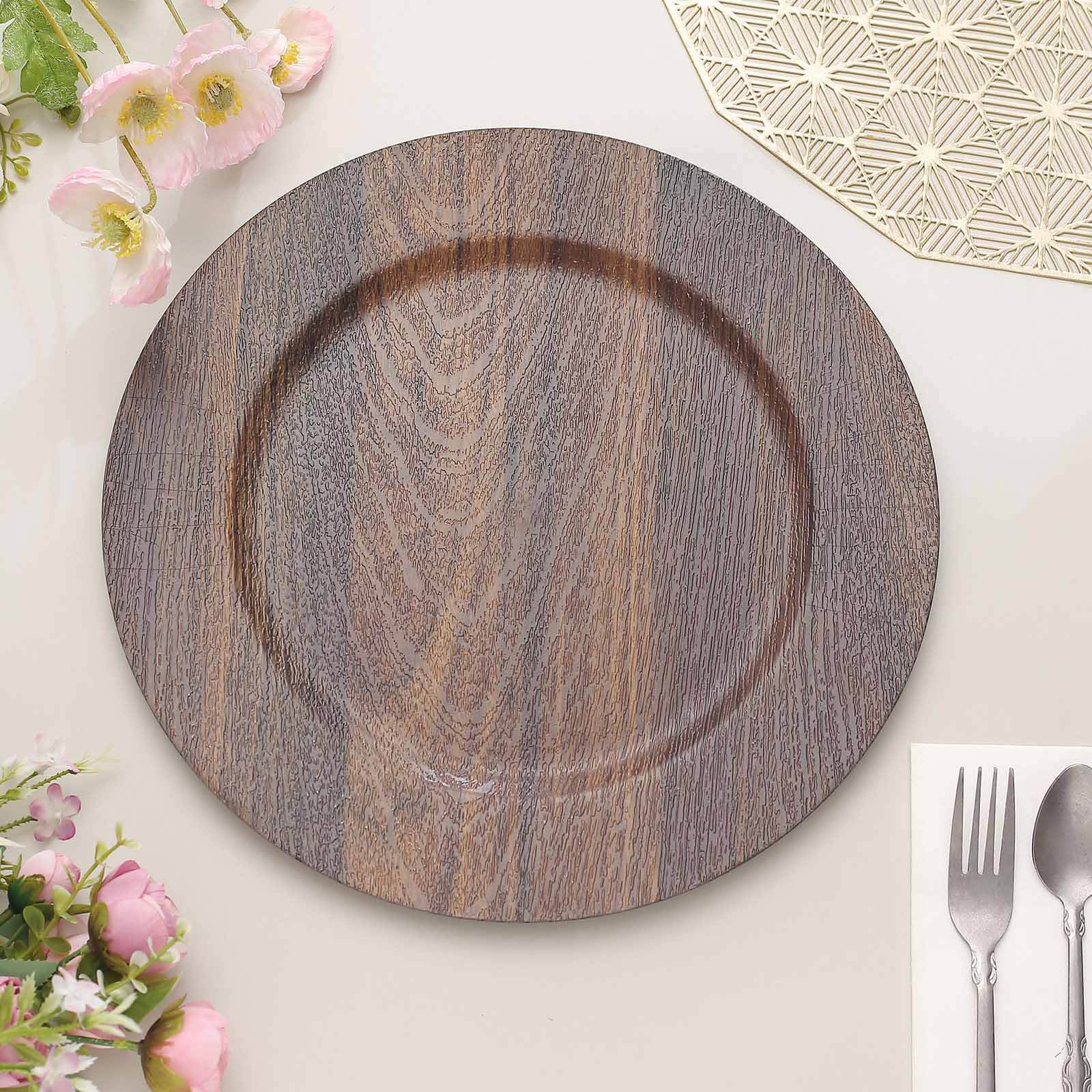 Hot Sale! 6-Piece Set of 13-Inch Dark Brown Plastic Charger Plates with Faux Wood Finish for Rustic Boho Dinner Parties