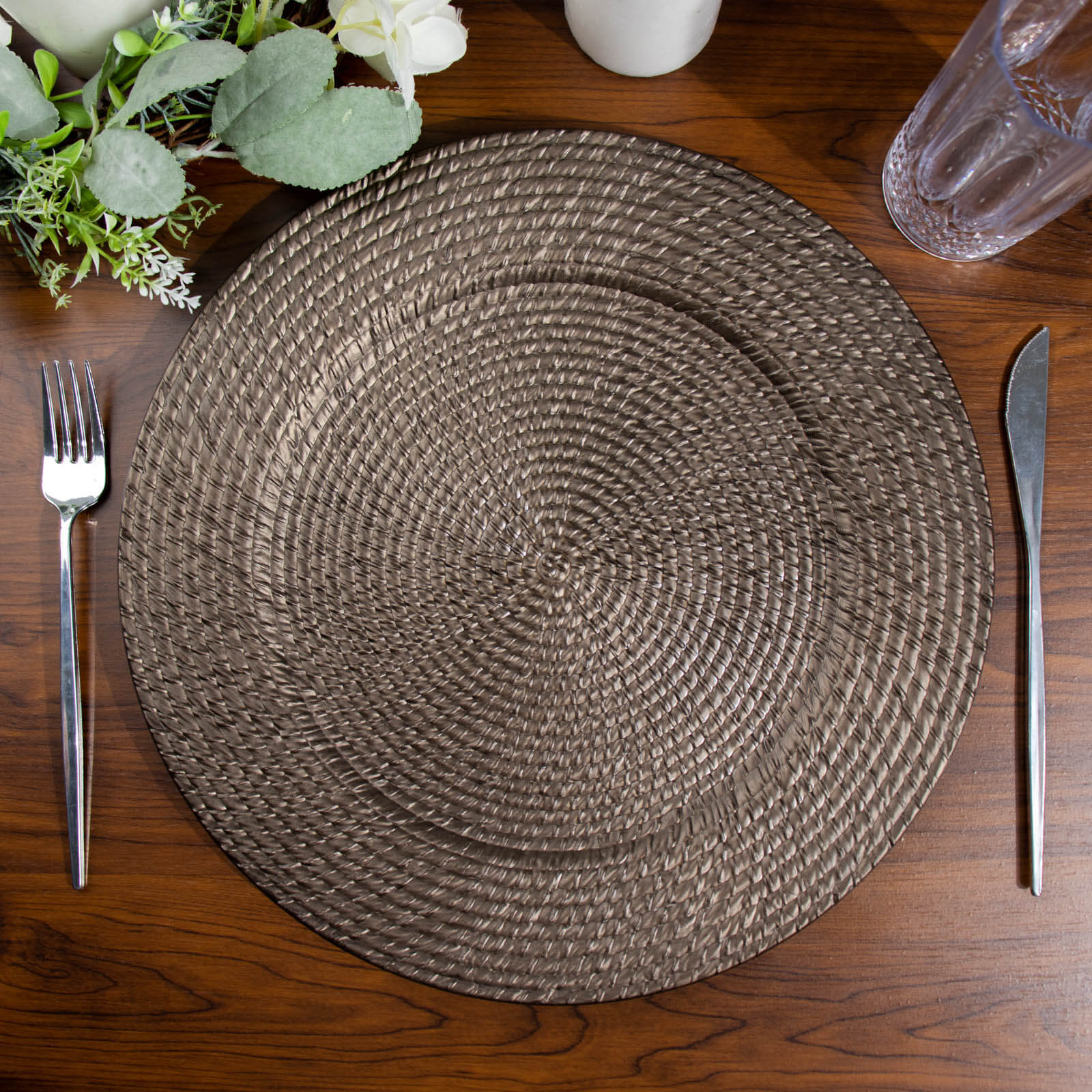 6-Piece Set of 13-Inch Natural Brown Acrylic Charger Plates with Rattan Look, Reusable for Events