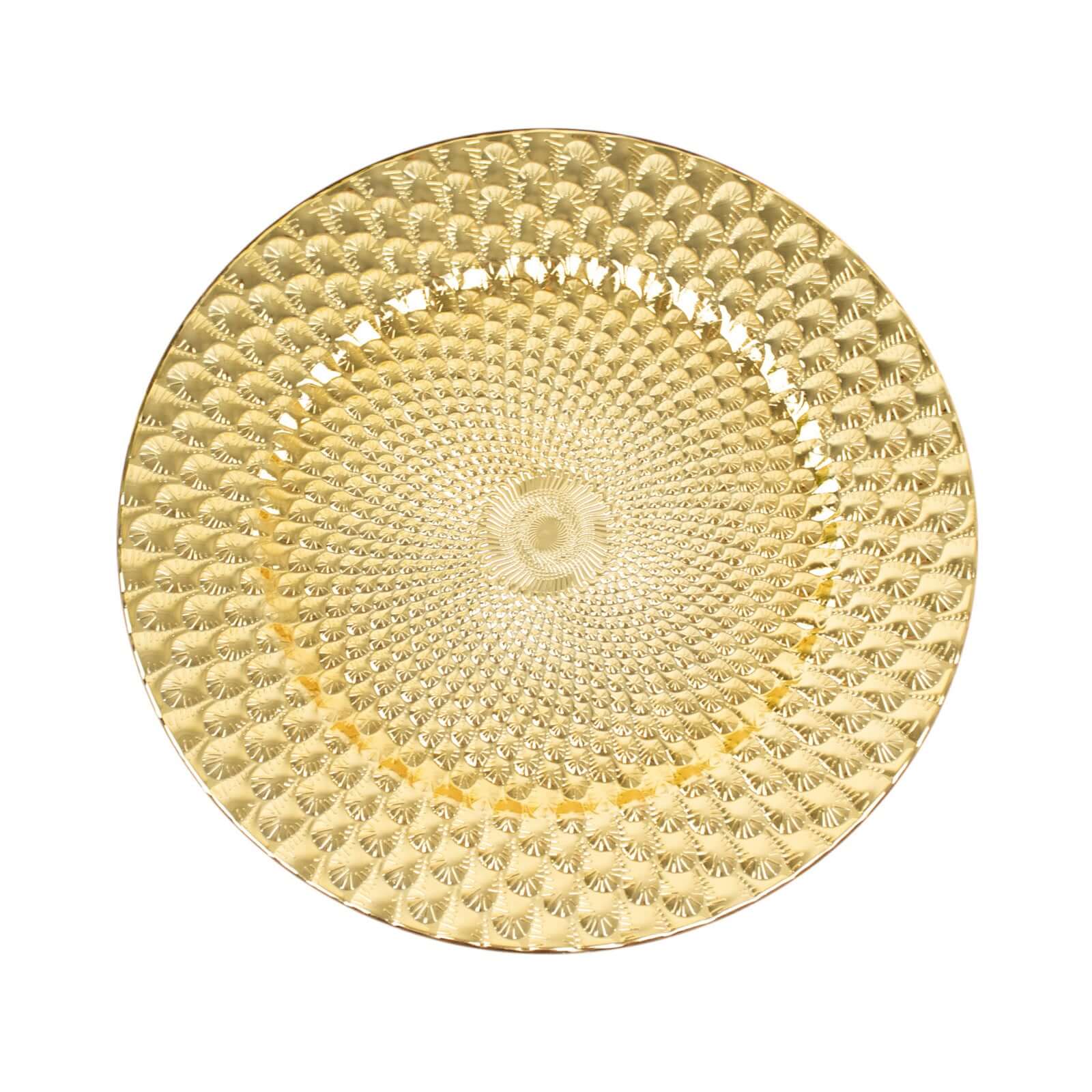 Set of 6 Gold Plastic Round Charger Plates with Peacock Pattern, 13-inch for Elegant Dinner Parties