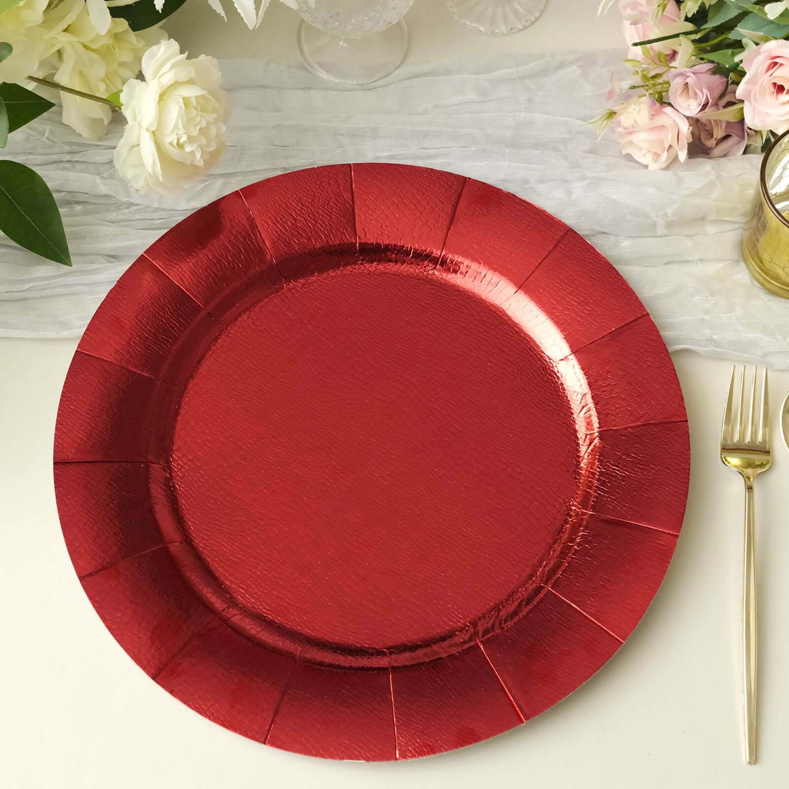 10-Pack Disposable Red Round Charger Plates with Leathery Look - 1100GSM Durable Cardboard Placemats (13" Outer)