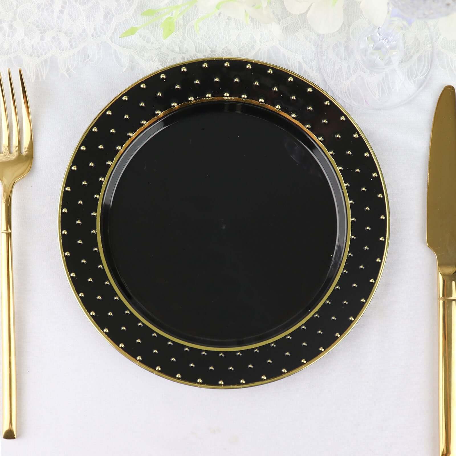 Get 10-Pack Durable Disposable Black Plastic Dessert Plates with Gold 3D Dotted Rim for Events