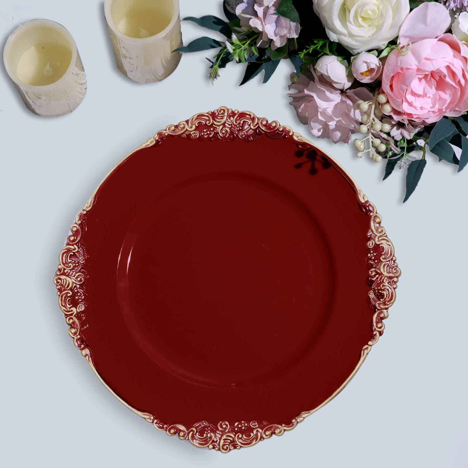6-Piece Set of 13-Inch Burgundy Acrylic Round Charger Plates with Gold Embossed Baroque Rim for Decorative Dinners