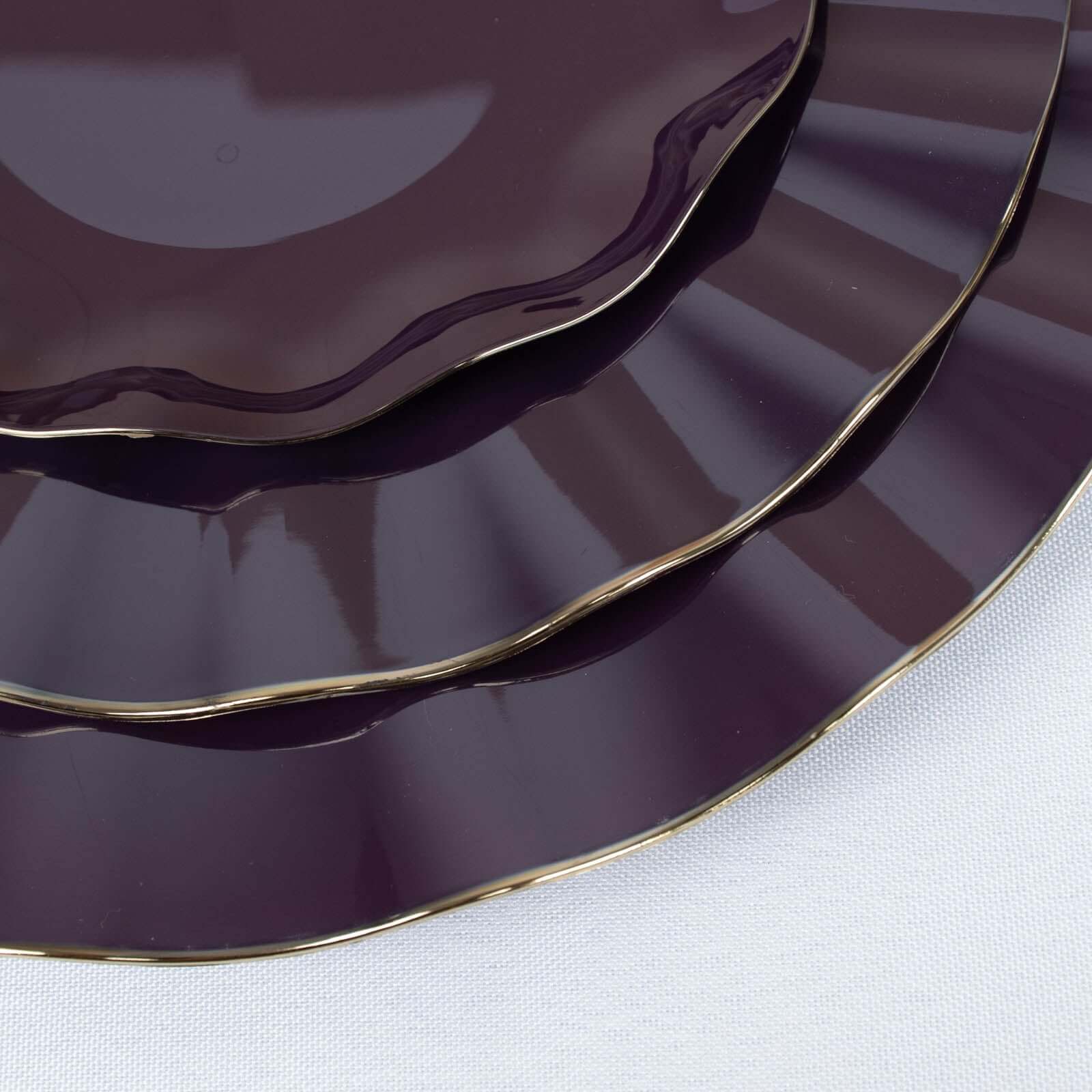 10-Piece Set of Disposable Purple Plastic Dinner Plates with Gold Ruffled Edging - Ideal for Events