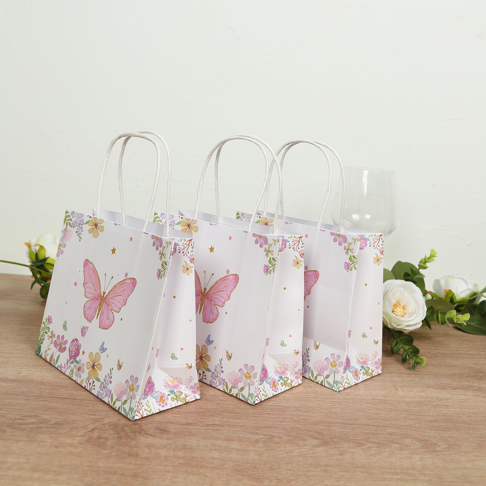 12-Pack Pink Glitter Butterfly Floral Print White Gift Bags with Handles - Ideal for Various Occasions