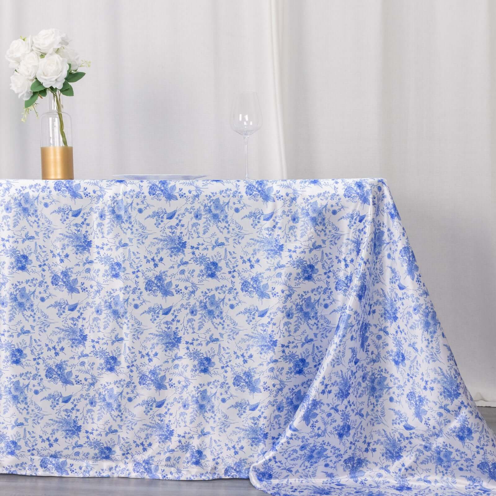 Exclusive Satin 90x132 Rectangular Tablecloth - White/Blue French Toile Design, Wrinkle-Resistant