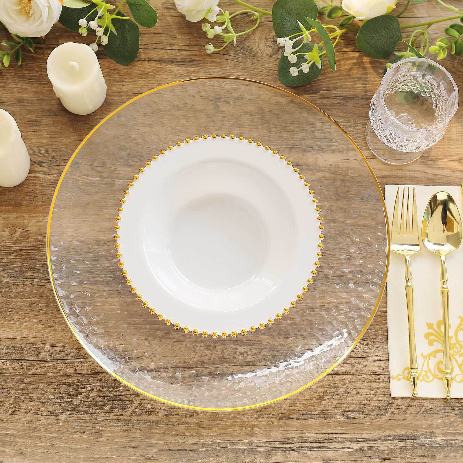 10-Pack 12oz Disposable White Plastic Salad & Soup Bowls with Gold Beaded Rim - Great Value!