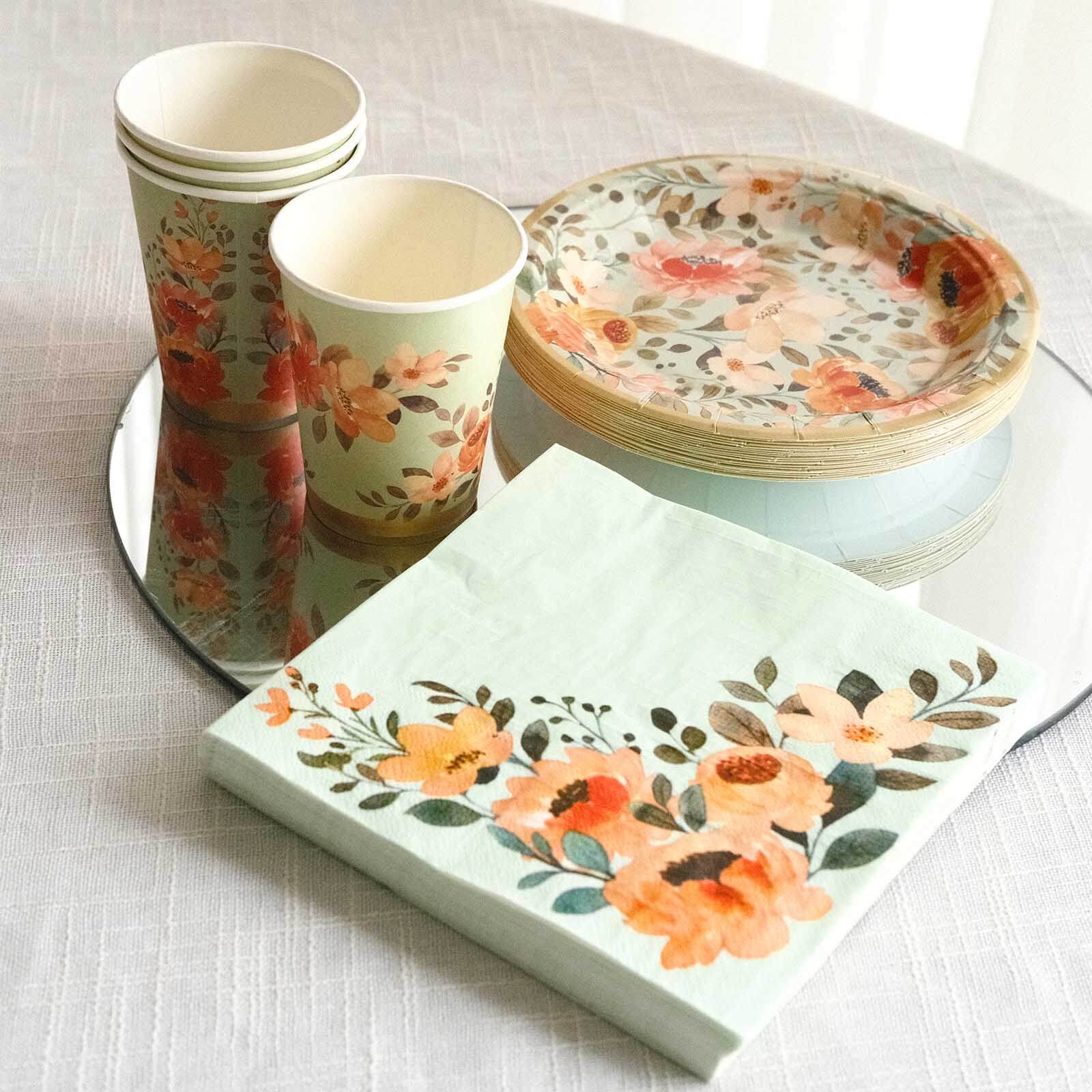 72-Piece Disposable Paper Dinnerware Set with Pink Floral and Sage Green Design