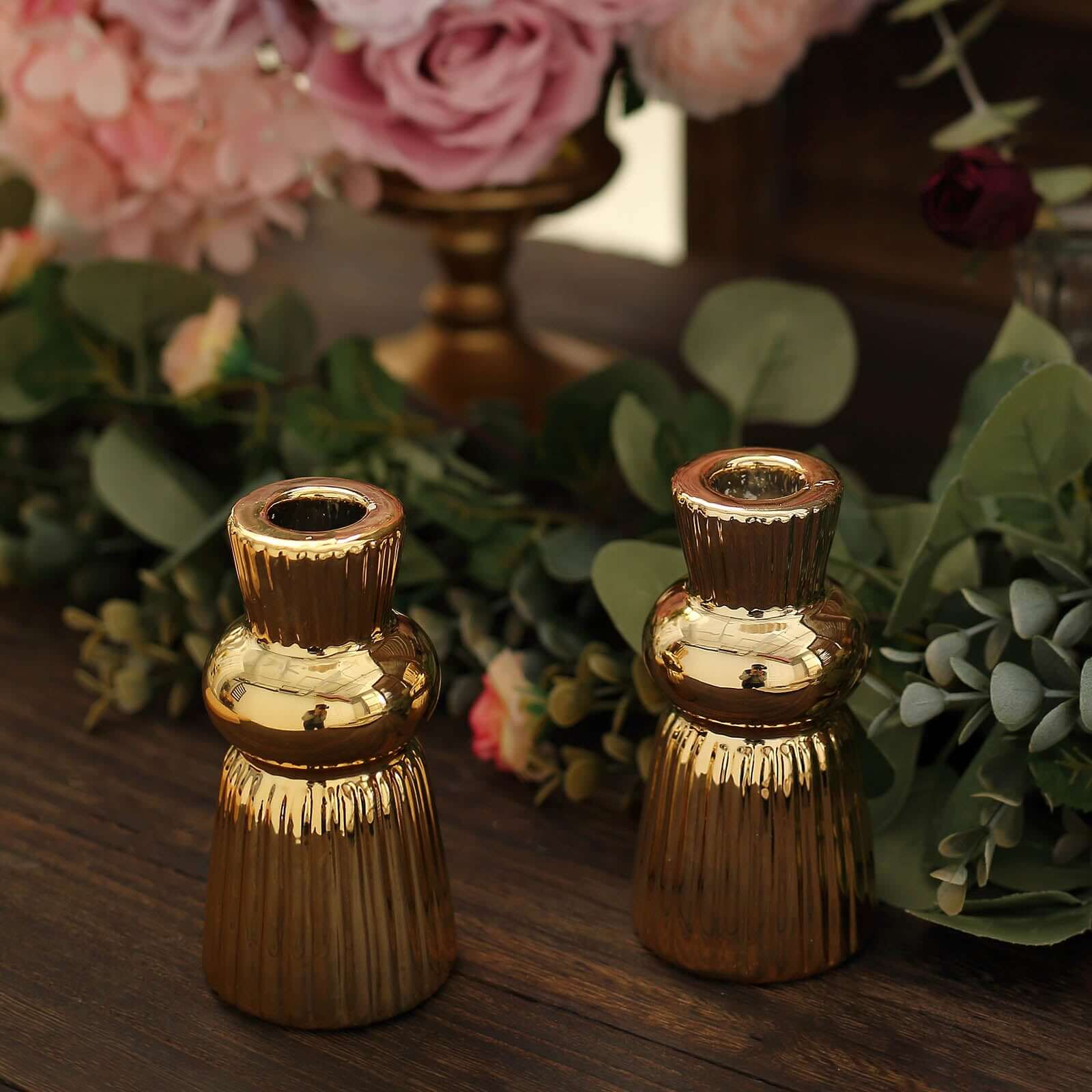 Set of 3 Metallic Gold Ceramic Taper Candle Holders with Fluted Ball Neck Design