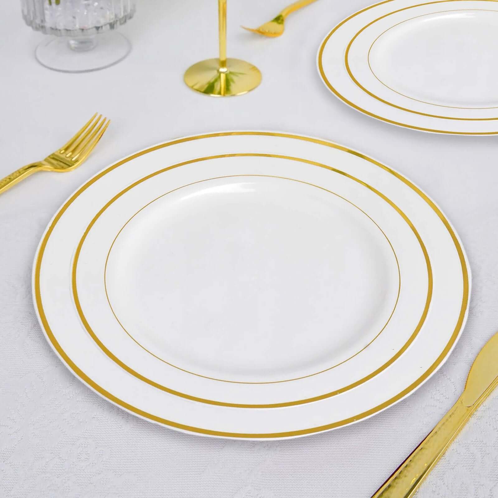 10-Piece Set of Disposable Ivory Plastic Dessert Plates with Stylish Gold Rim, 8 Inches