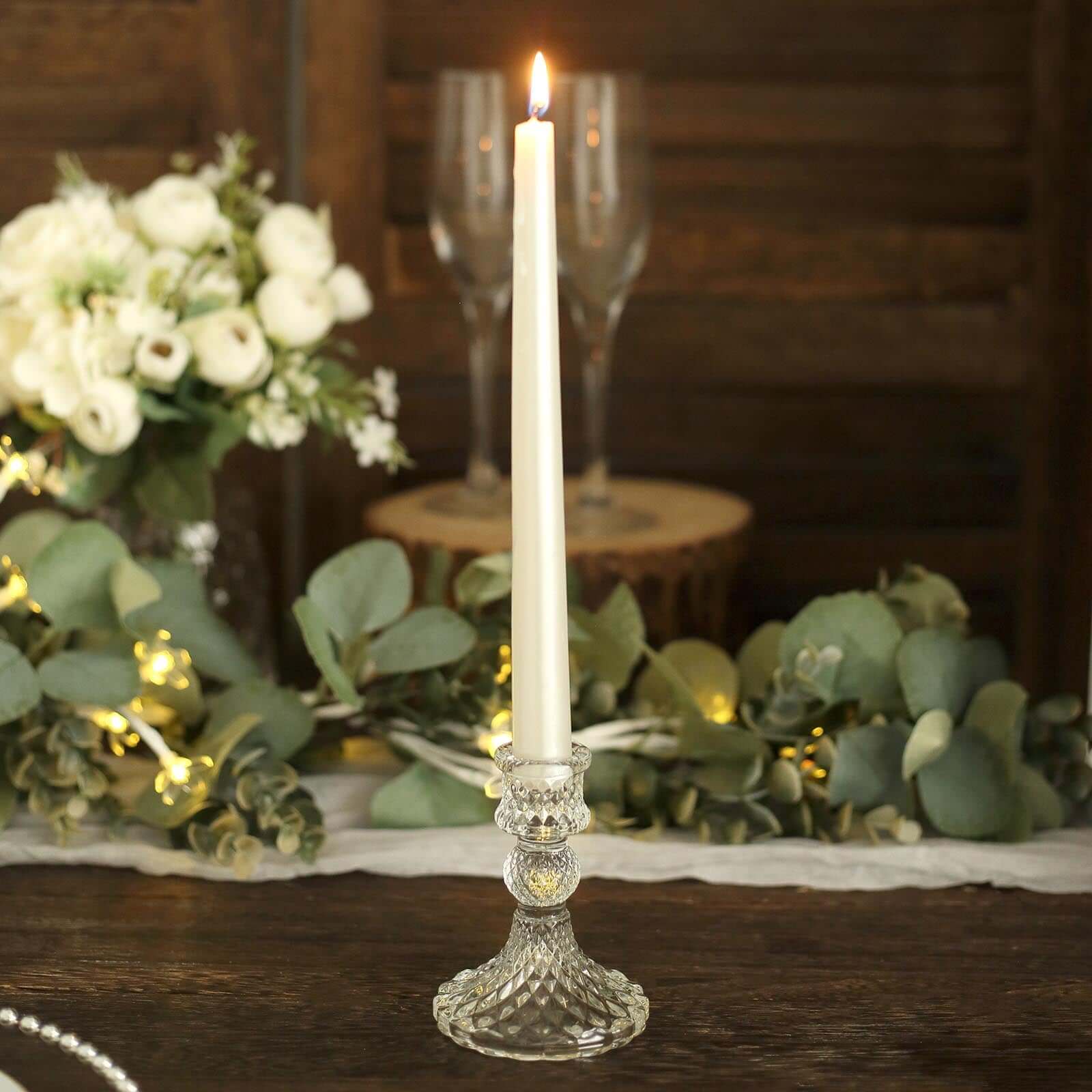 6-Piece Clear Glass Taper & Pillar Candle Holders with Diamond Pattern