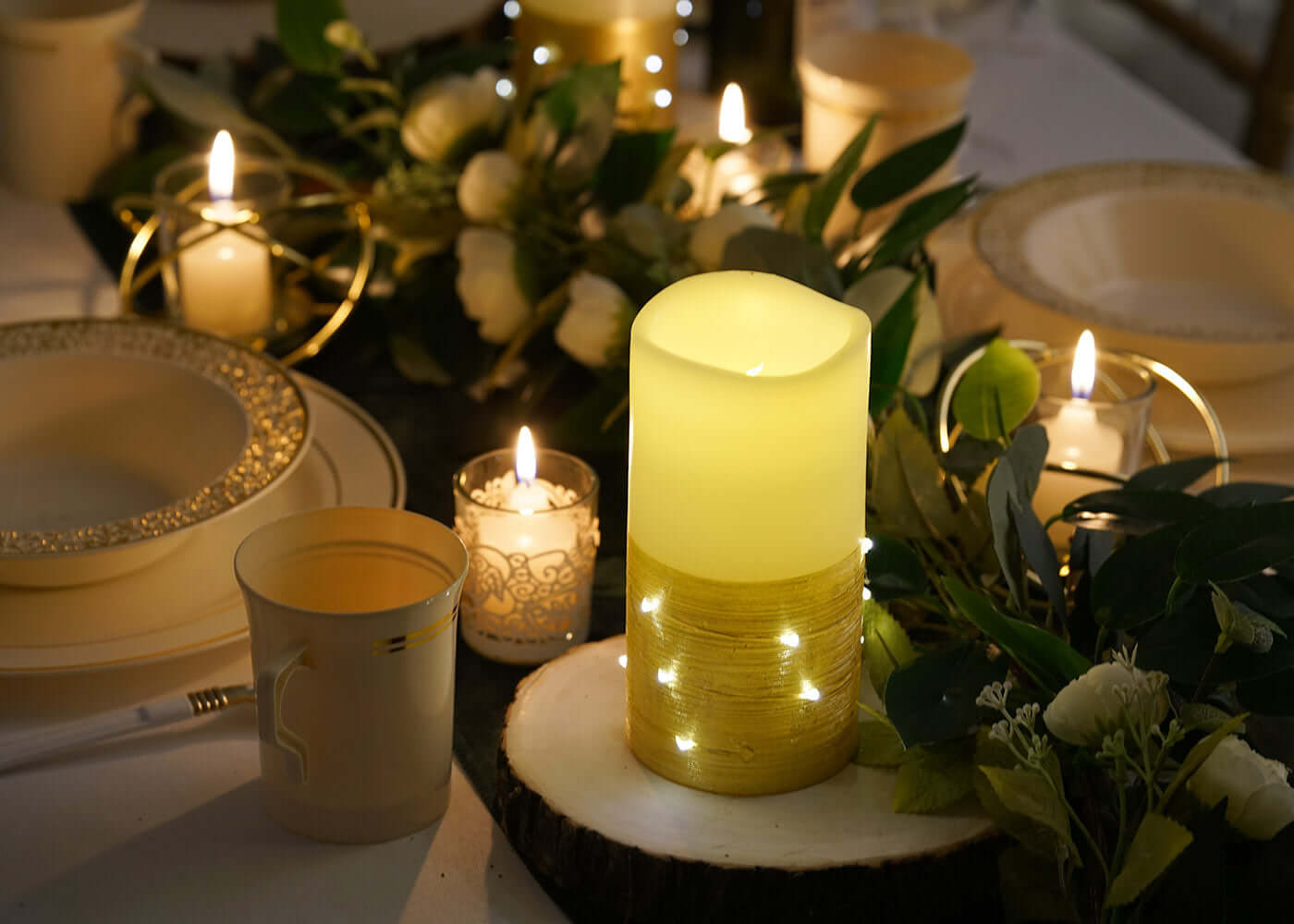 Remote-Controlled Set of 3 Gold LED Flameless Pillar Candles with Fairy String Lights (4', 5', 6')