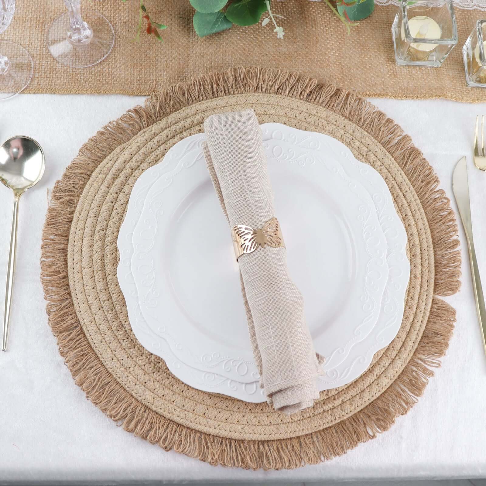 4-Pack Natural Rustic Burlap Jute Round Placemats with Fringed Edge - Farmhouse Style Table Decor