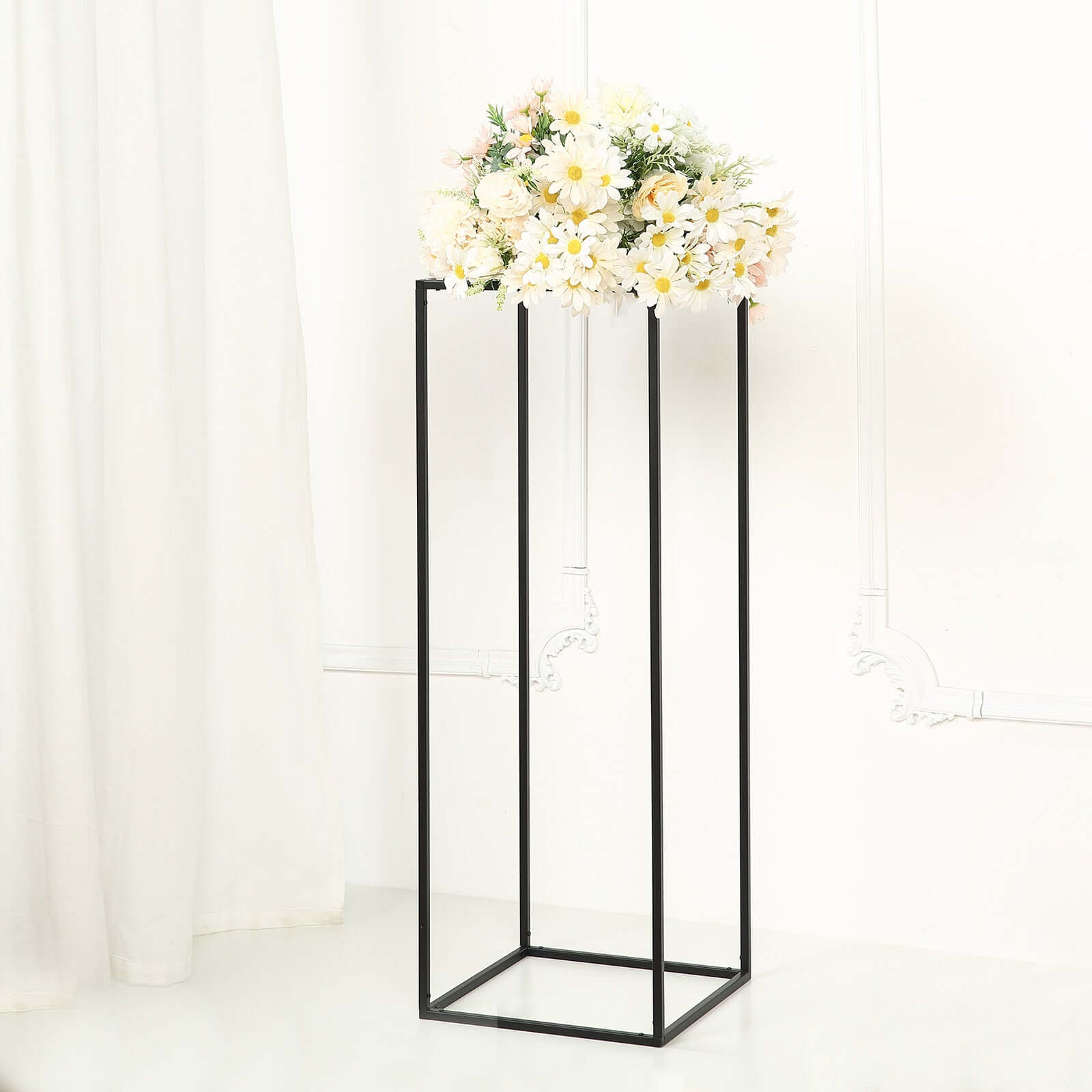 2-Pack Matte Black Iron Wedding Flower Stand, Rectangular Geometric Column Frame, 32