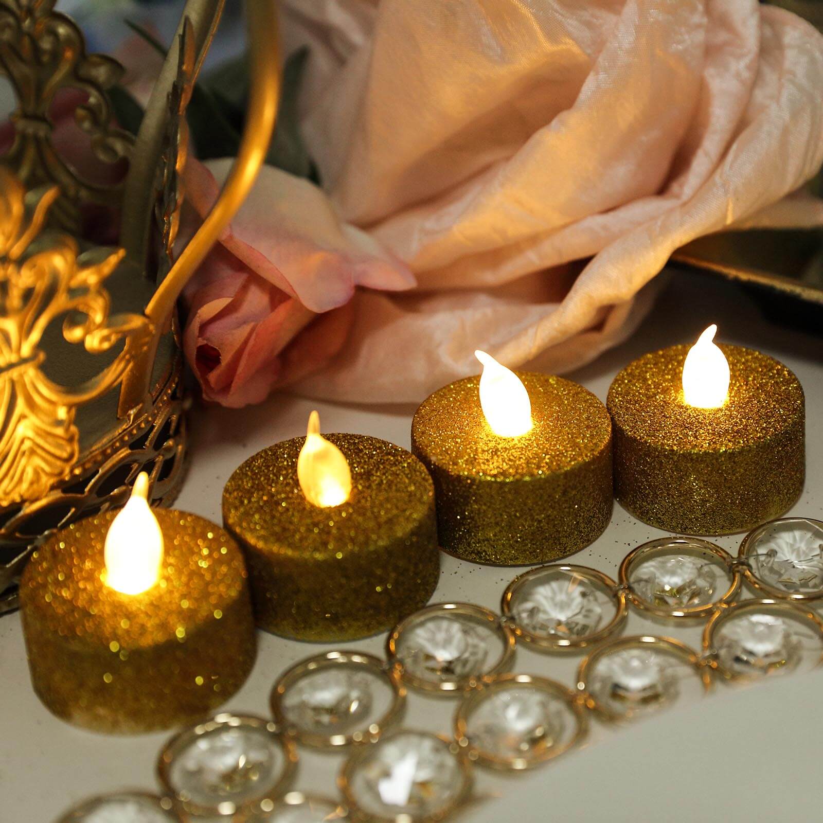 Hot Sale! 12-Pack Flameless LED Tealight Candles with Glittery Gold Design, Battery Operated