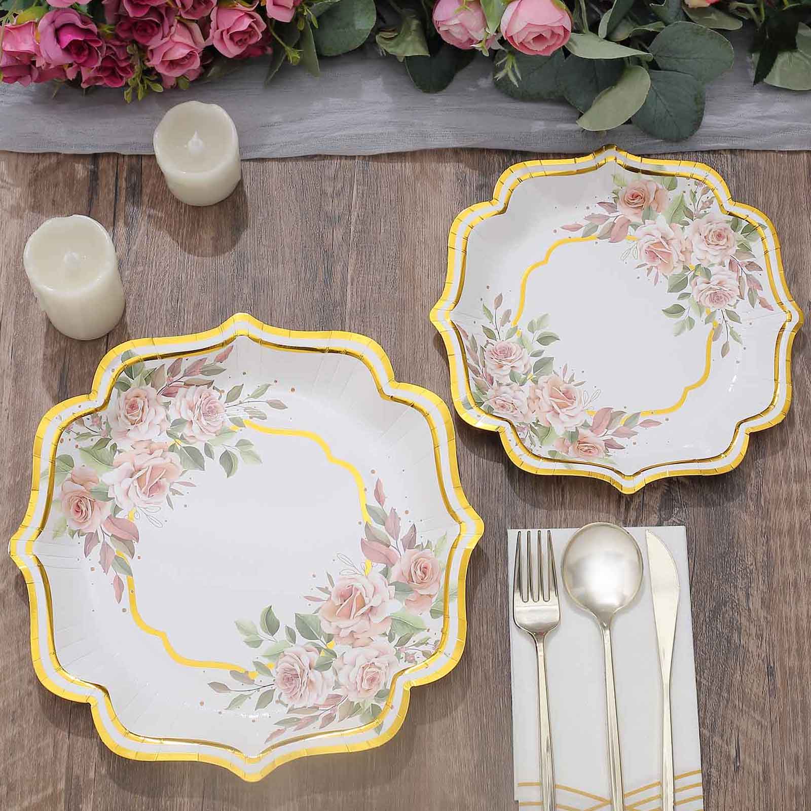 25-Pack Disposable 8-Inch White Floral Gold-Scalloped Dessert Plates for Events