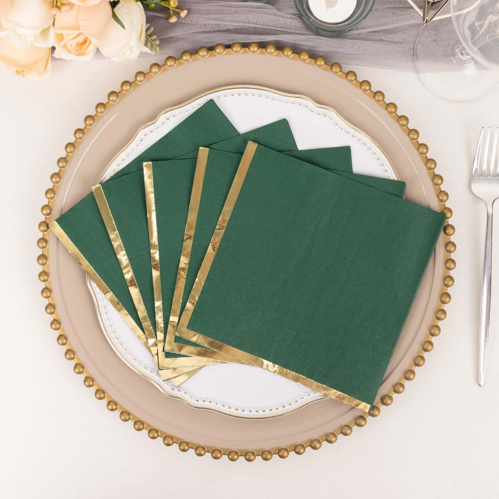 50-Piece Disposable 2-Ply Hunter Emerald Green Paper Cocktail Napkins with Gold Foil Edge, 6.5x6.5