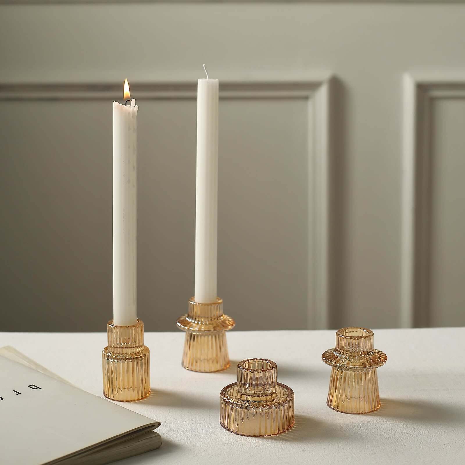 Hot Sale! Set of 6 Amber Gold Glass Taper Candle Holders with Ribbed Crystal Design