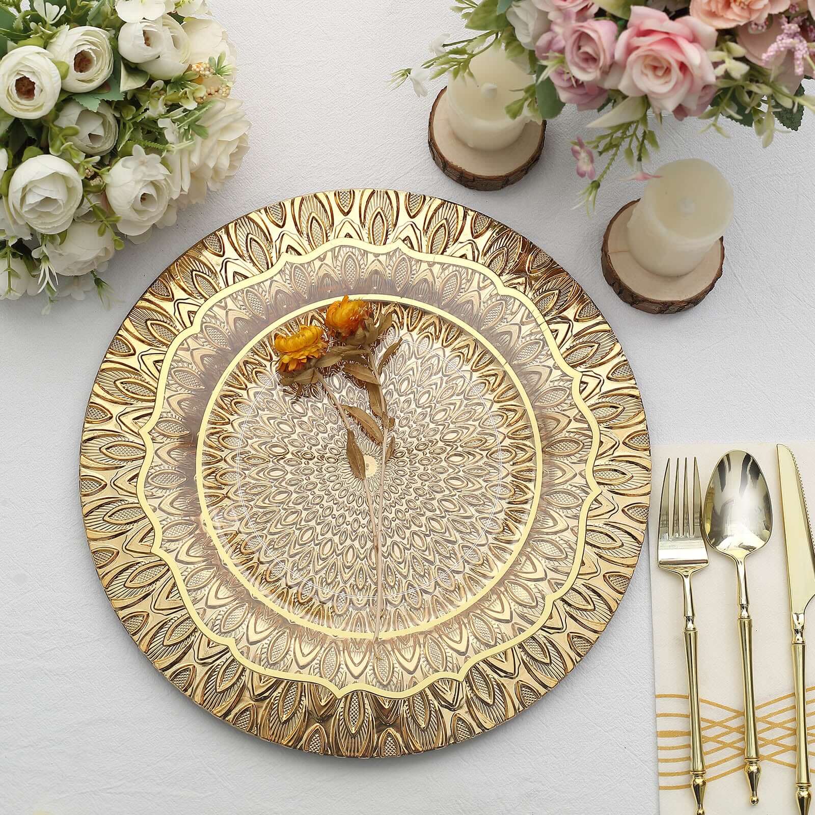 Hot Sale! 6-Piece Set of 13-Inch Gold Plastic Charger Plates with Embossed Peacock Design