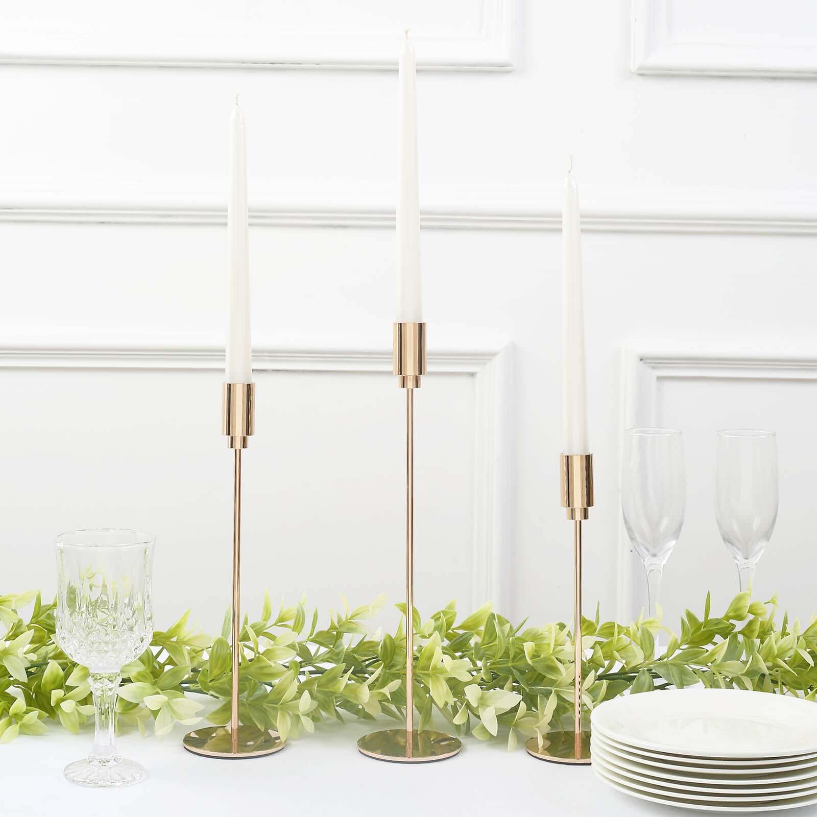 Gold Metal Set of 3 Taper Candle Stands with Round Base - Ideal for Weddings