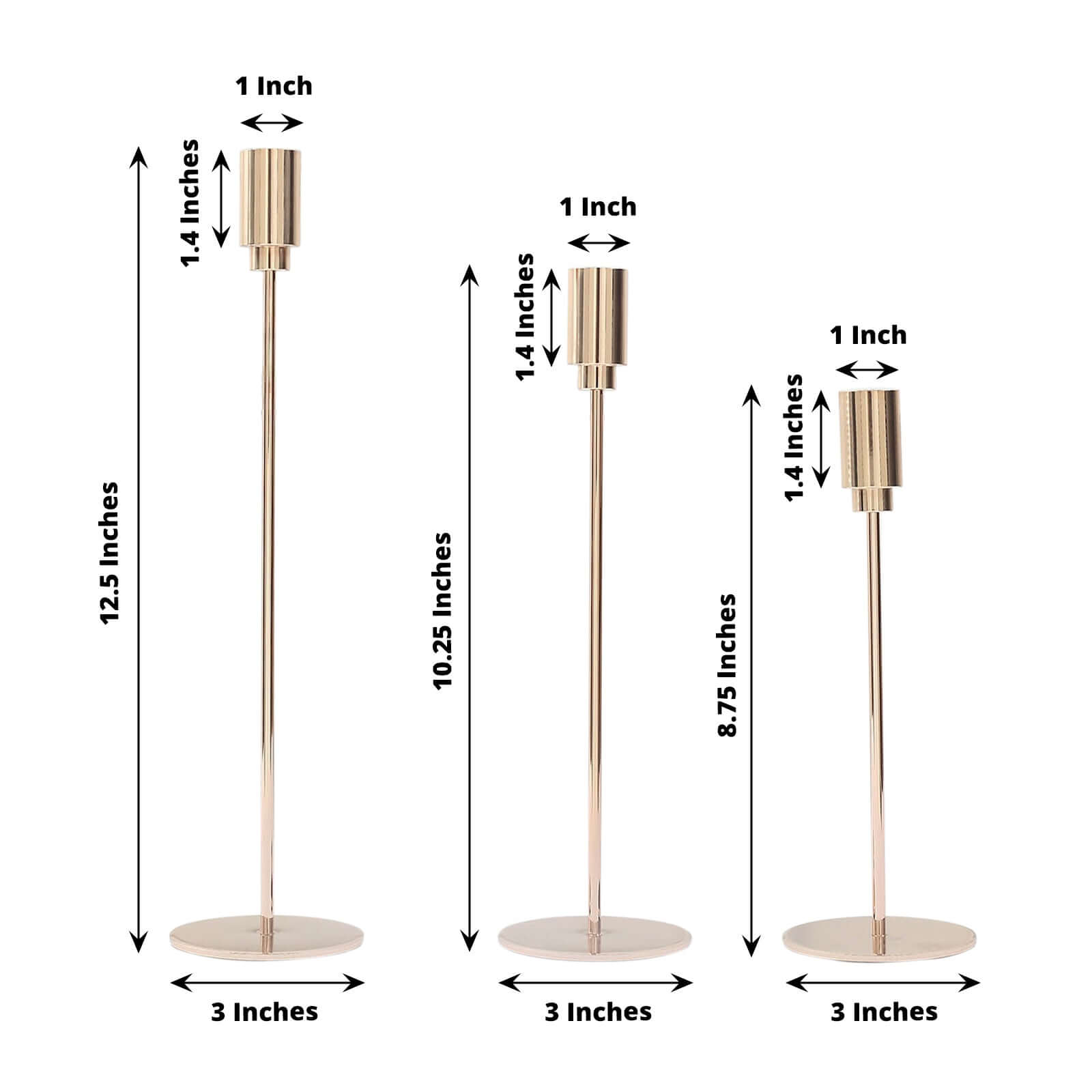 Gold Metal Set of 3 Taper Candle Stands with Round Base - Ideal for Weddings