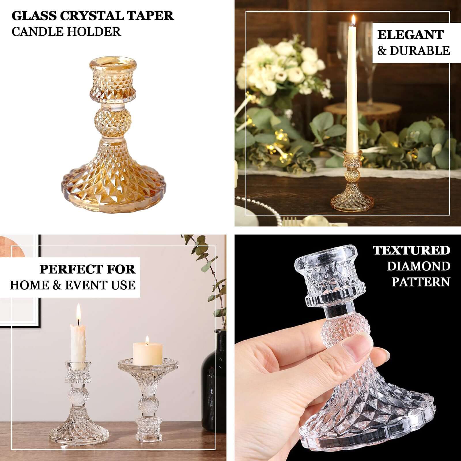 6-Piece Clear Glass Taper & Pillar Candle Holders with Diamond Pattern