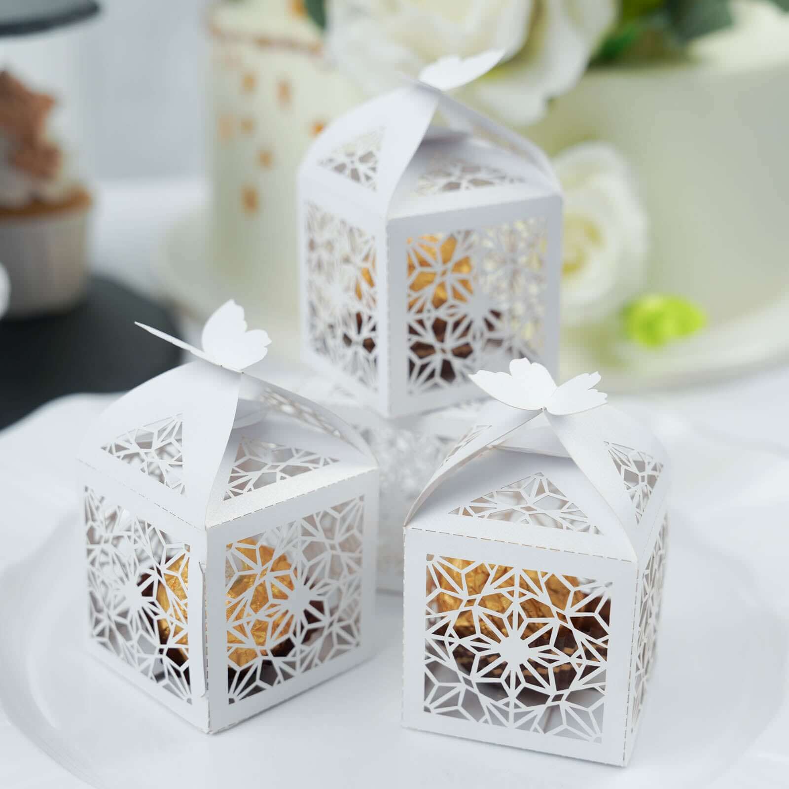 Get 25-Pack White Butterfly Top Laser-Cut Lace Candy Gift Favor Boxes Now