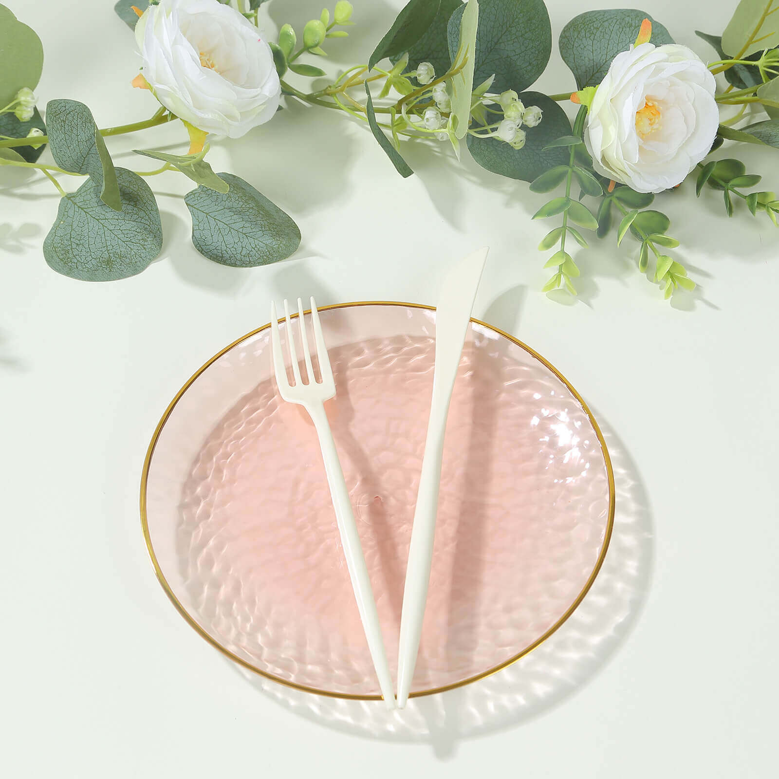 10-Pack Transparent Blush Hammered Plastic Round Dessert Plates with Gold Rim - Disposable & Modern