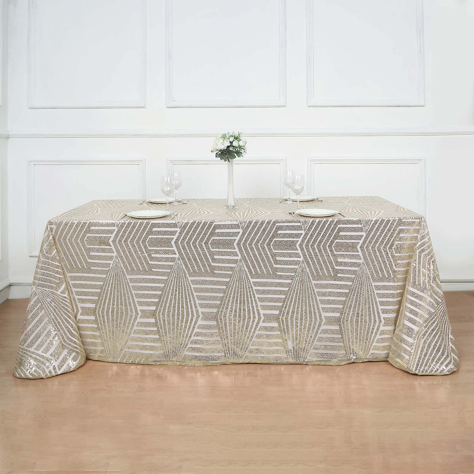 Exclusive Champagne Sequin Rectangle Tablecloth with Diamond Design