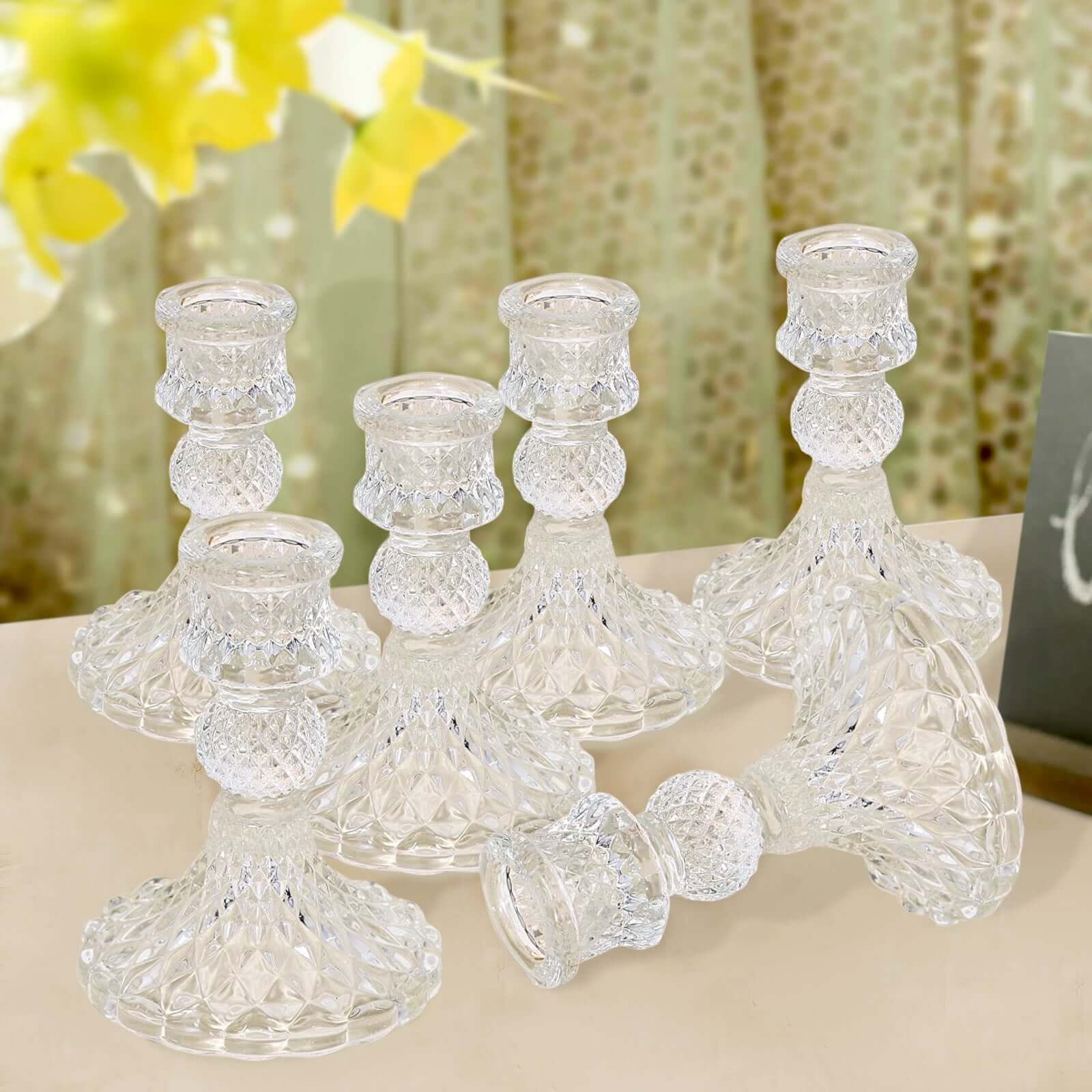 6-Piece Clear Glass Taper & Pillar Candle Holders with Diamond Pattern