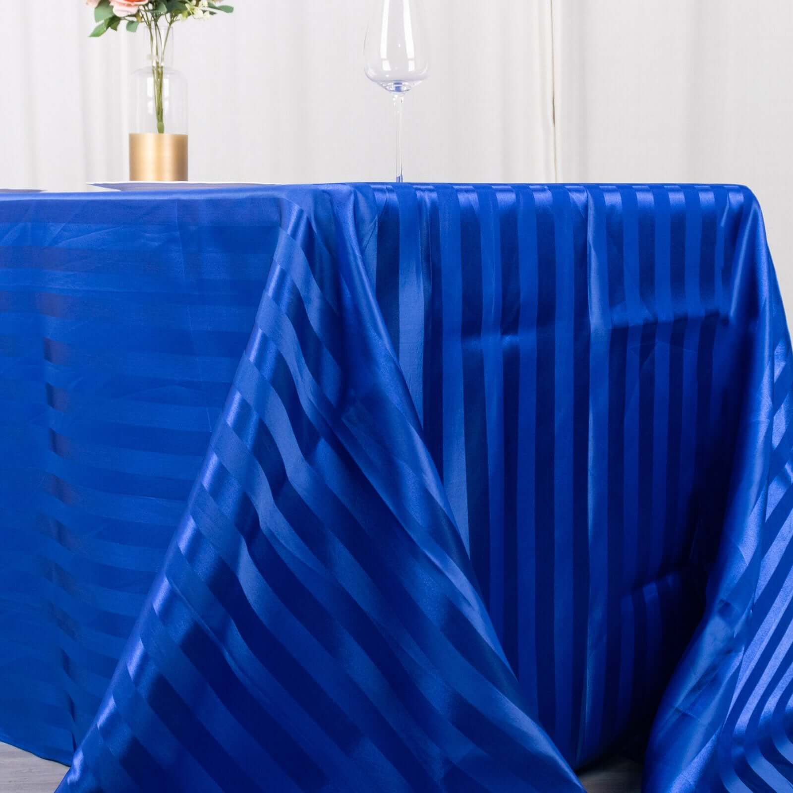 Royal Blue Satin Striped 90x132 Rectangular Tablecloth - Seamless & Smooth, Great Deal!