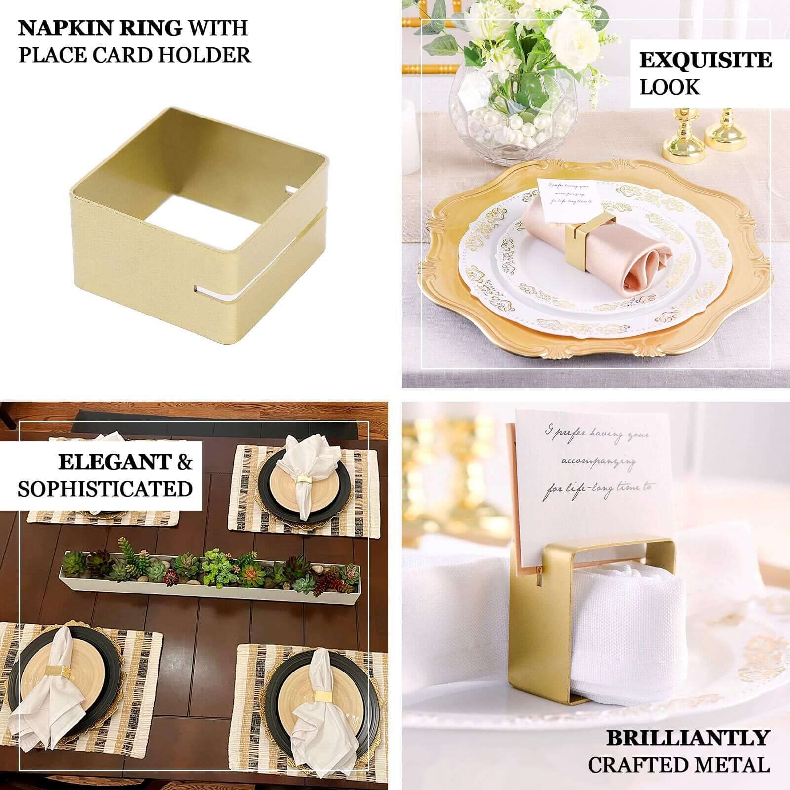 4-Pack Modern Matte Gold Metal Square Napkin Rings with Place Card Holder - Ideal for Events
