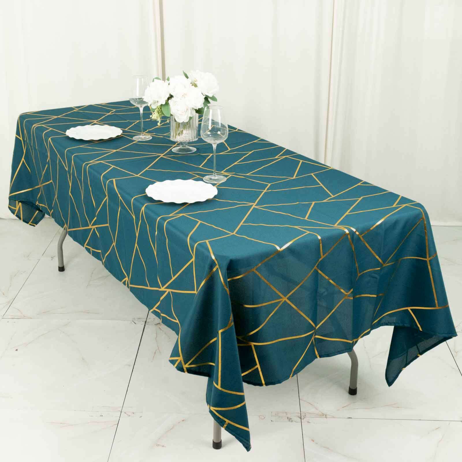 Wrinkle-Resistant & Durable Polyester Tablecloth: 60x102 Rectangle in Peacock Teal with Gold Foil Geometric Pattern