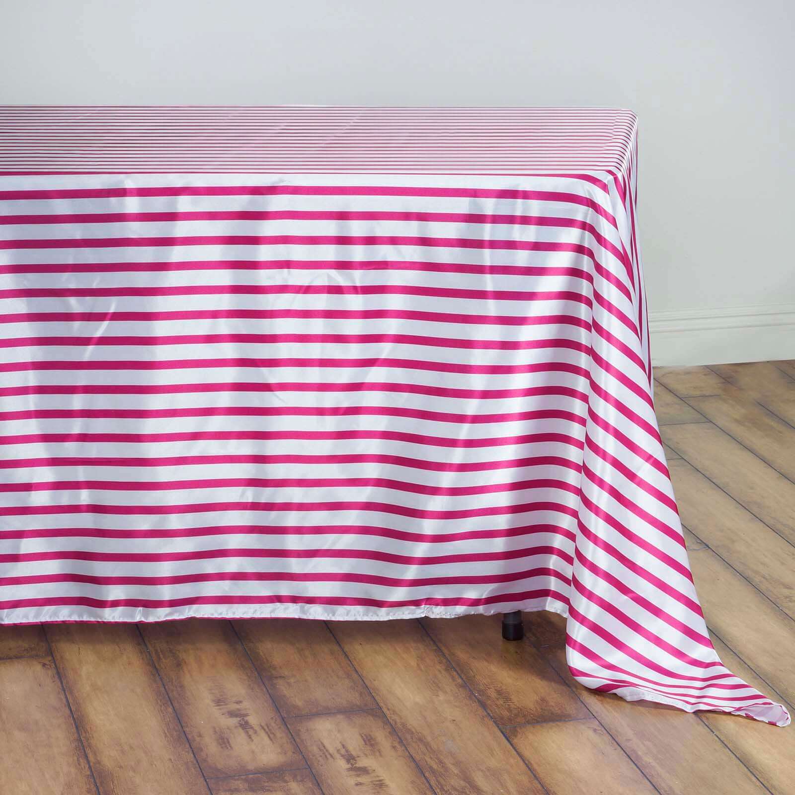 60x102 Rectangle Satin Tablecloth in White/Fuchsia Stripes with Silky Finish