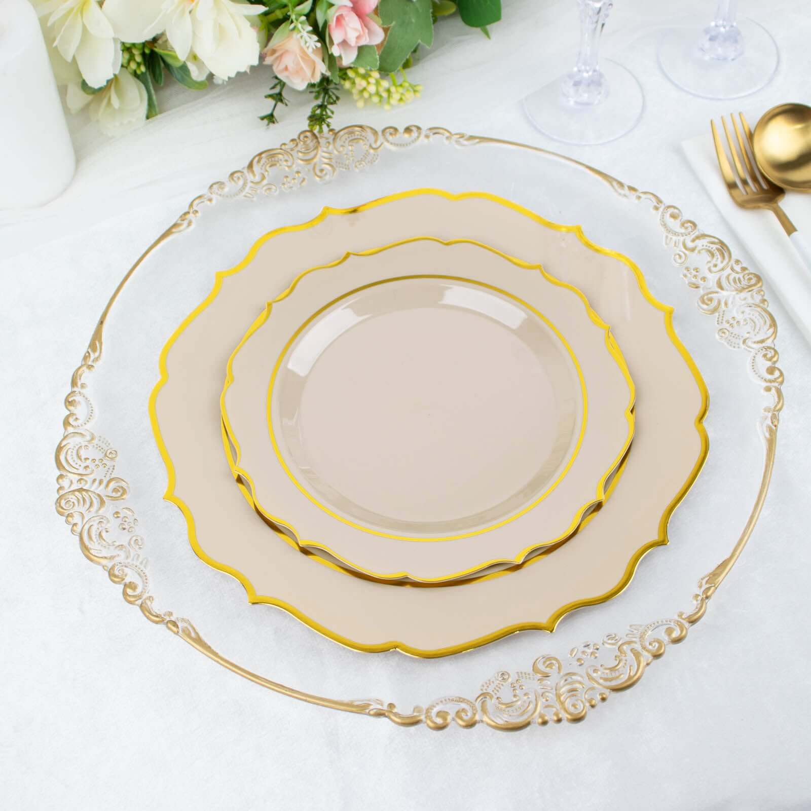 Hot Sale! 10-Piece Disposable Plastic Round Dinner Plates in Taupe with Gold Scalloped Rims