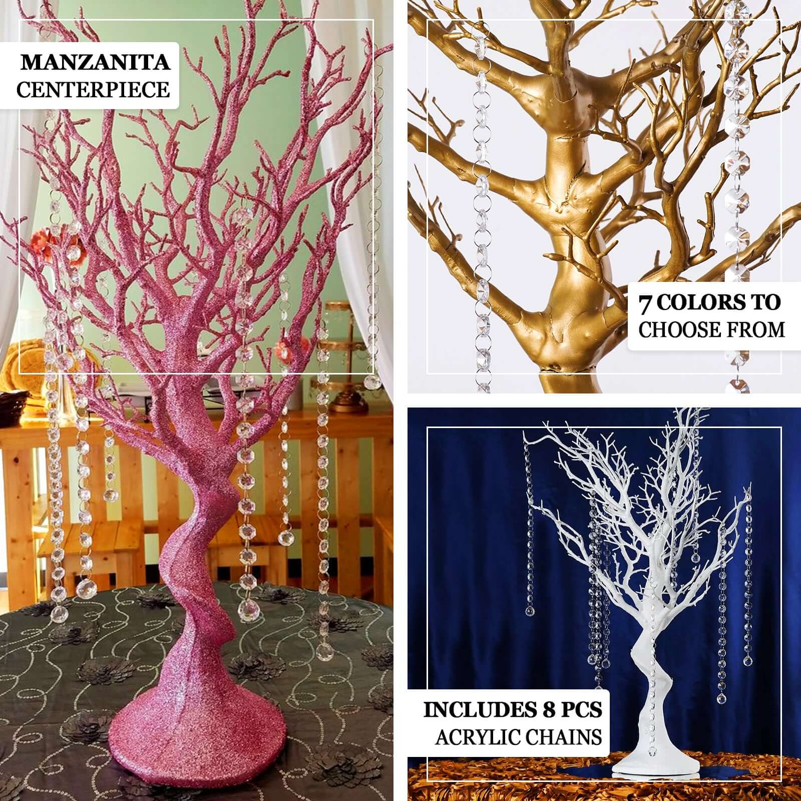 Hot Sale! White Manzanita Artificial Tree Centerpiece with 8 Acrylic Bead Chains for Modern Weddings and Parties