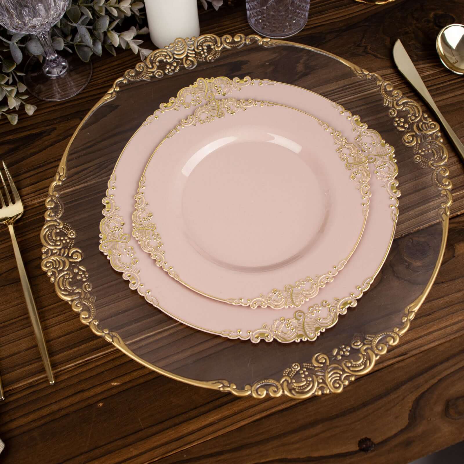 10-Pack Disposable Vintage Blush Plastic Round Dessert Plates with Gold Leaf Embossed Rim - Ideal for Events