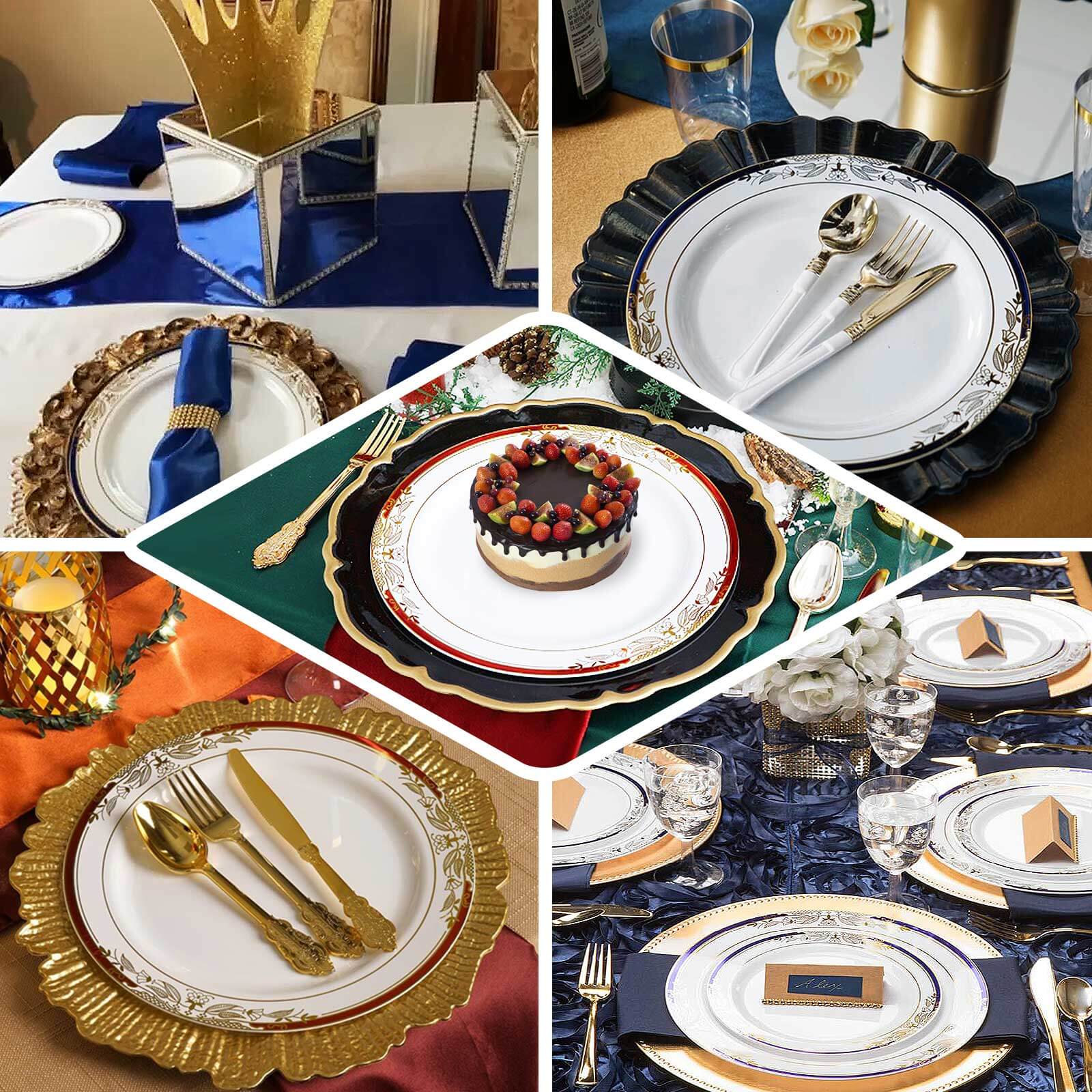 10-Pack Disposable White Dinner Plates with Royal Blue Rim and Gold Vine Design for Special Events