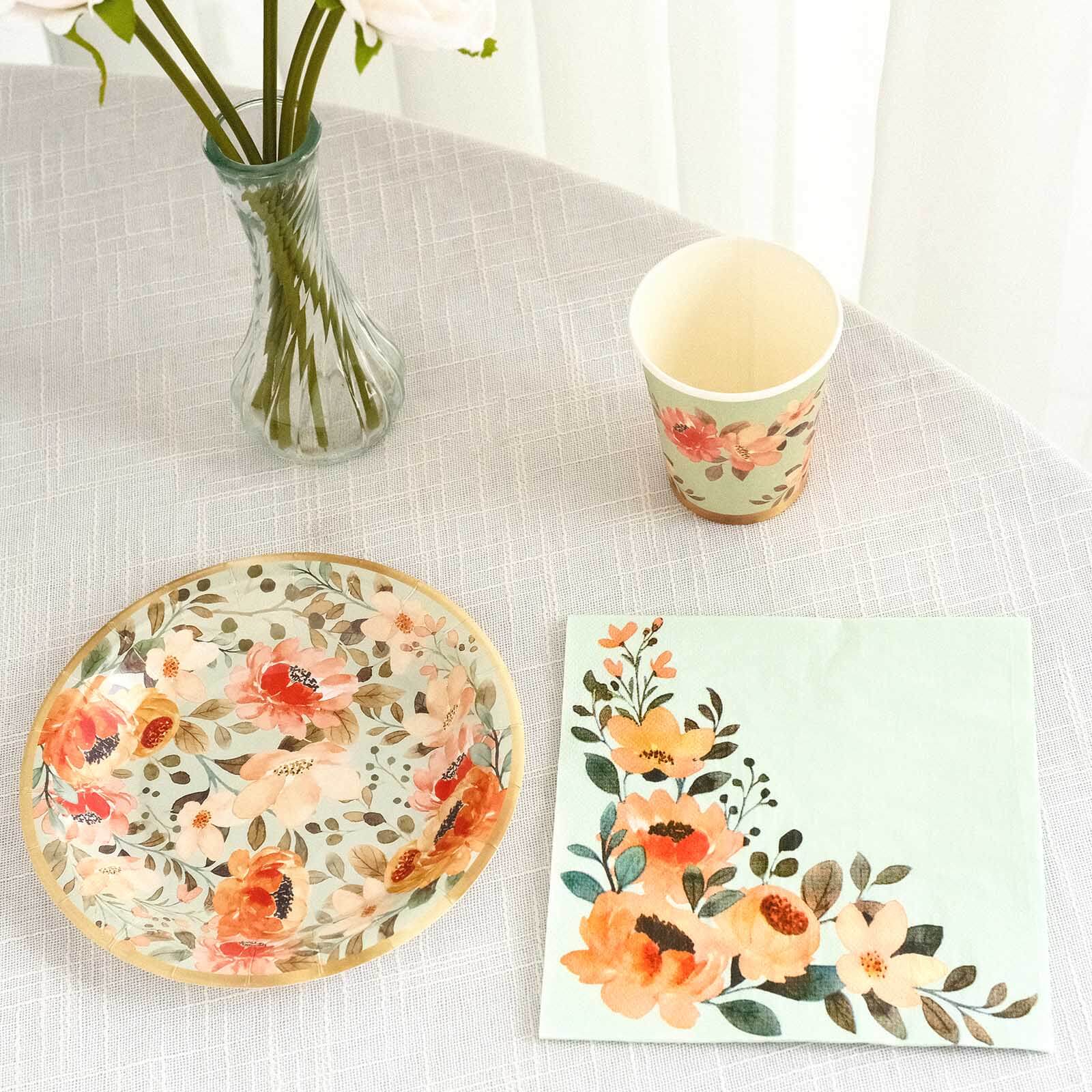 72-Piece Disposable Paper Dinnerware Set with Pink Floral and Sage Green Design