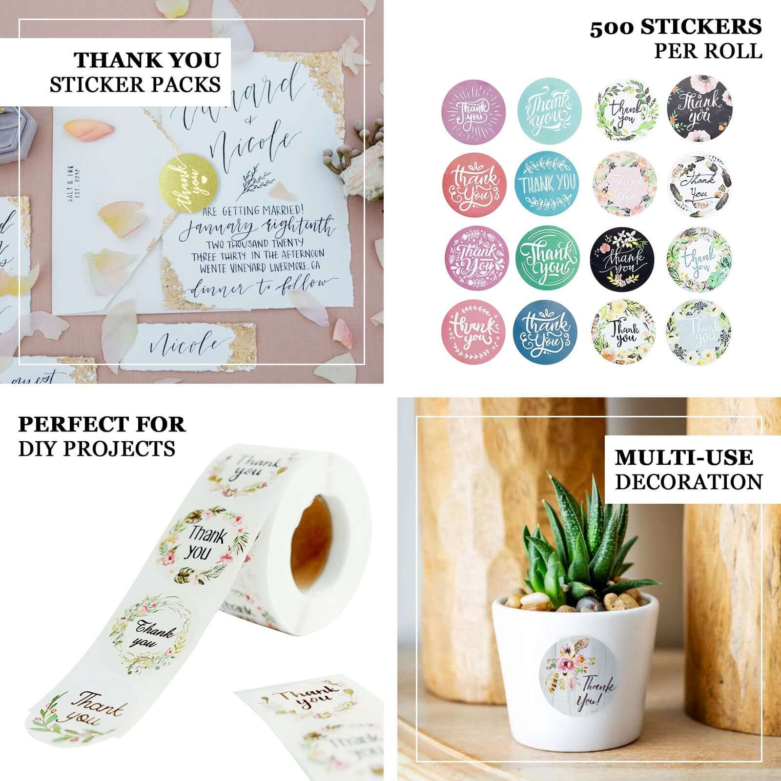 500 Pcs 1.5-Inch Round Thank You Stickers Roll for Wedding Favors and Envelope Seals