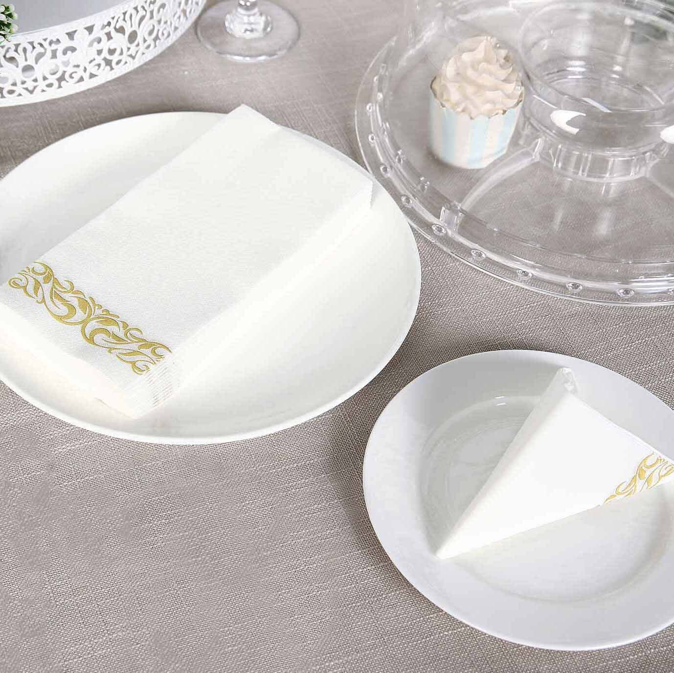 25-Pack Premium White Paper Napkins with Metallic Gold Foil Scroll Design - Ideal for Weddings & Events