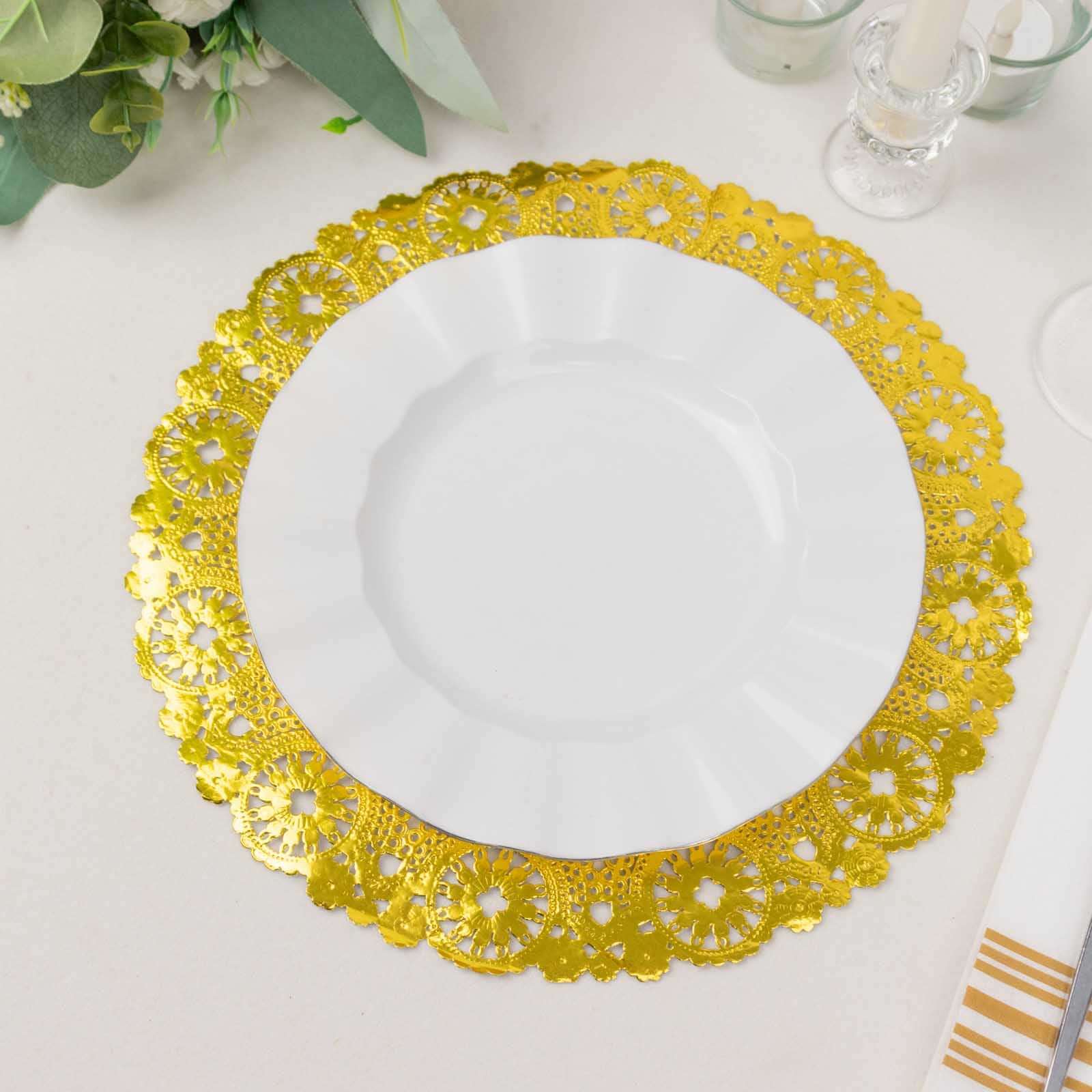 Hot Sale! 50-Pack Disposable 12-Inch Metallic Gold Paper Round Placemats for Dessert Display & Table Decor
