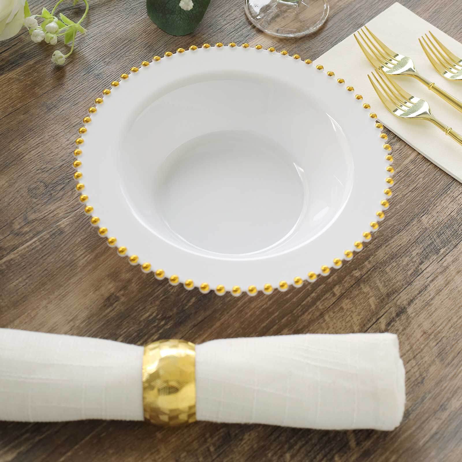 10-Pack 12oz Disposable White Plastic Salad & Soup Bowls with Gold Beaded Rim - Great Value!