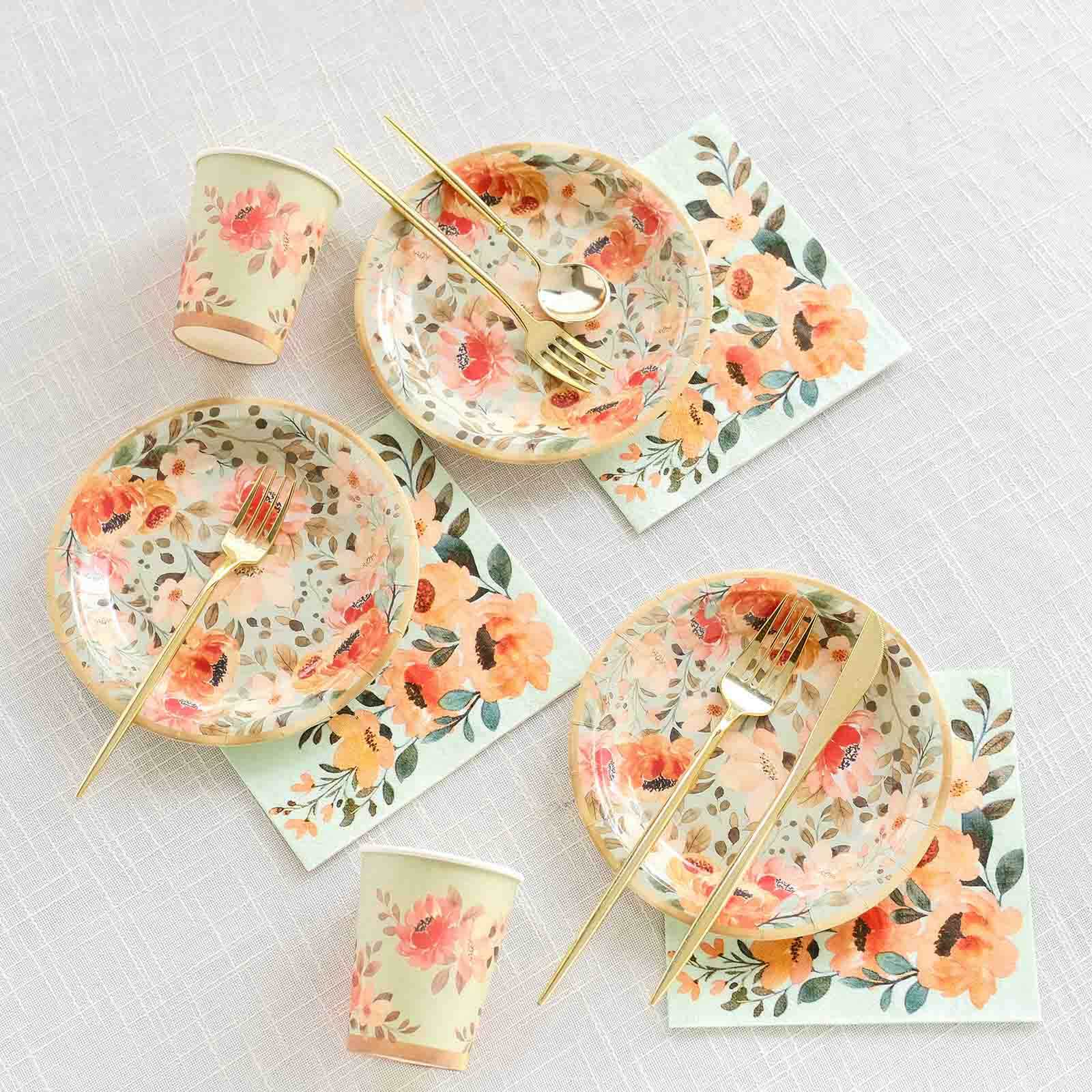 72-Piece Disposable Paper Dinnerware Set with Pink Floral and Sage Green Design