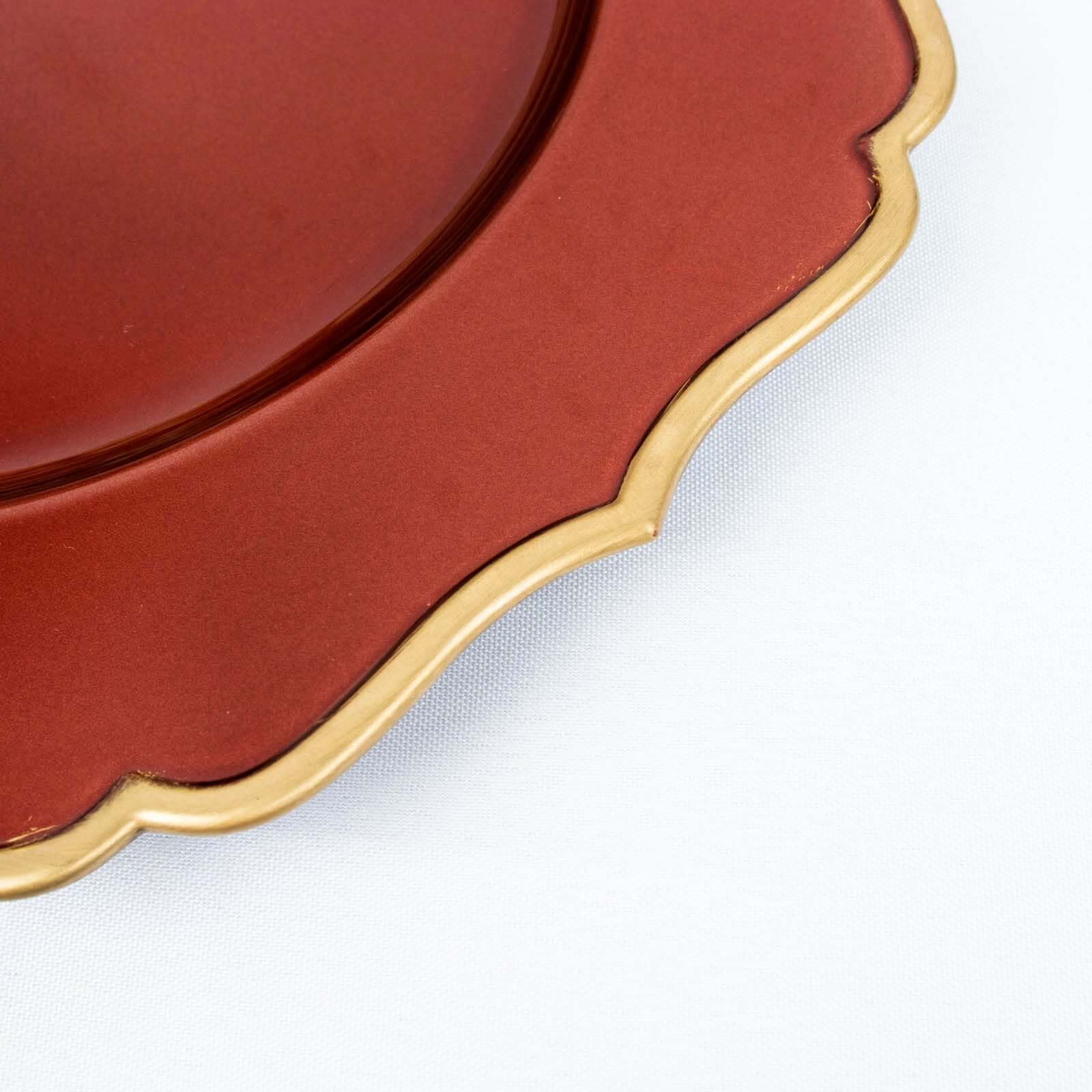 Hot Sale! 6-Piece Set of 13-Inch Terracotta (Rust) Acrylic Charger Plates with Gold Scalloped Rim for Dinner Parties