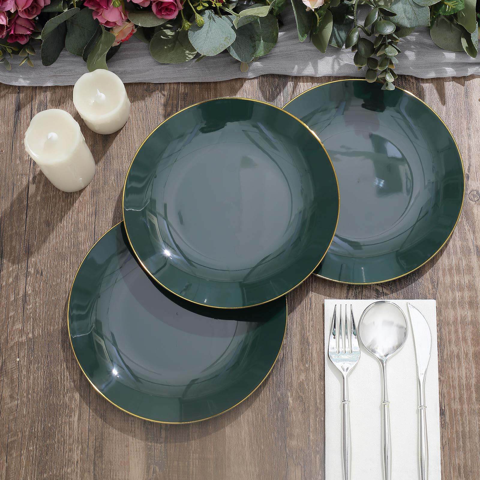 10-Piece Set of Disposable Plastic Round Dessert Plates in Hunter Emerald Green with Gold Rim - Ideal for Special Occasions