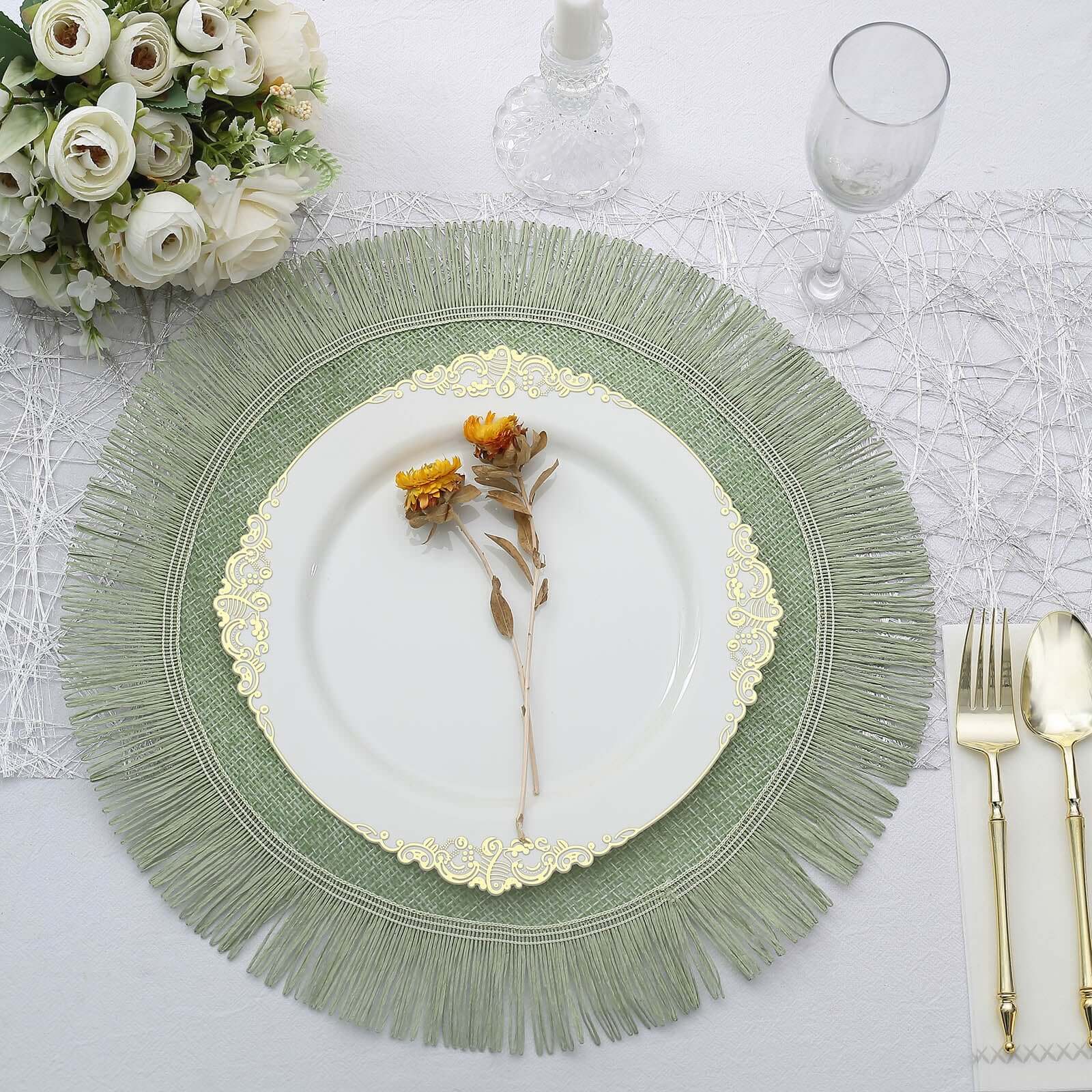 4-Piece Sage Green Jute Round Placemats with Fringe Edge - Rustic Boho Table Decor