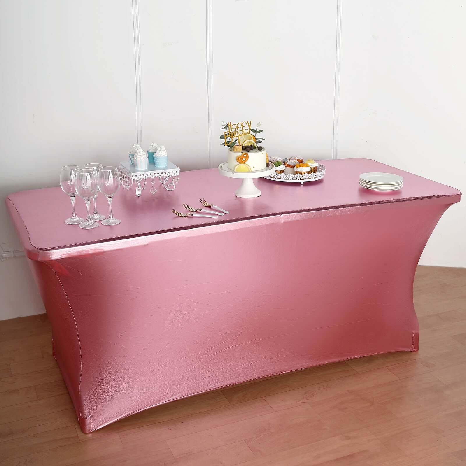 Hot Sale! 4-Way Stretch Metallic Rose Gold Spandex Tablecloth for 6FT Rectangular Tables