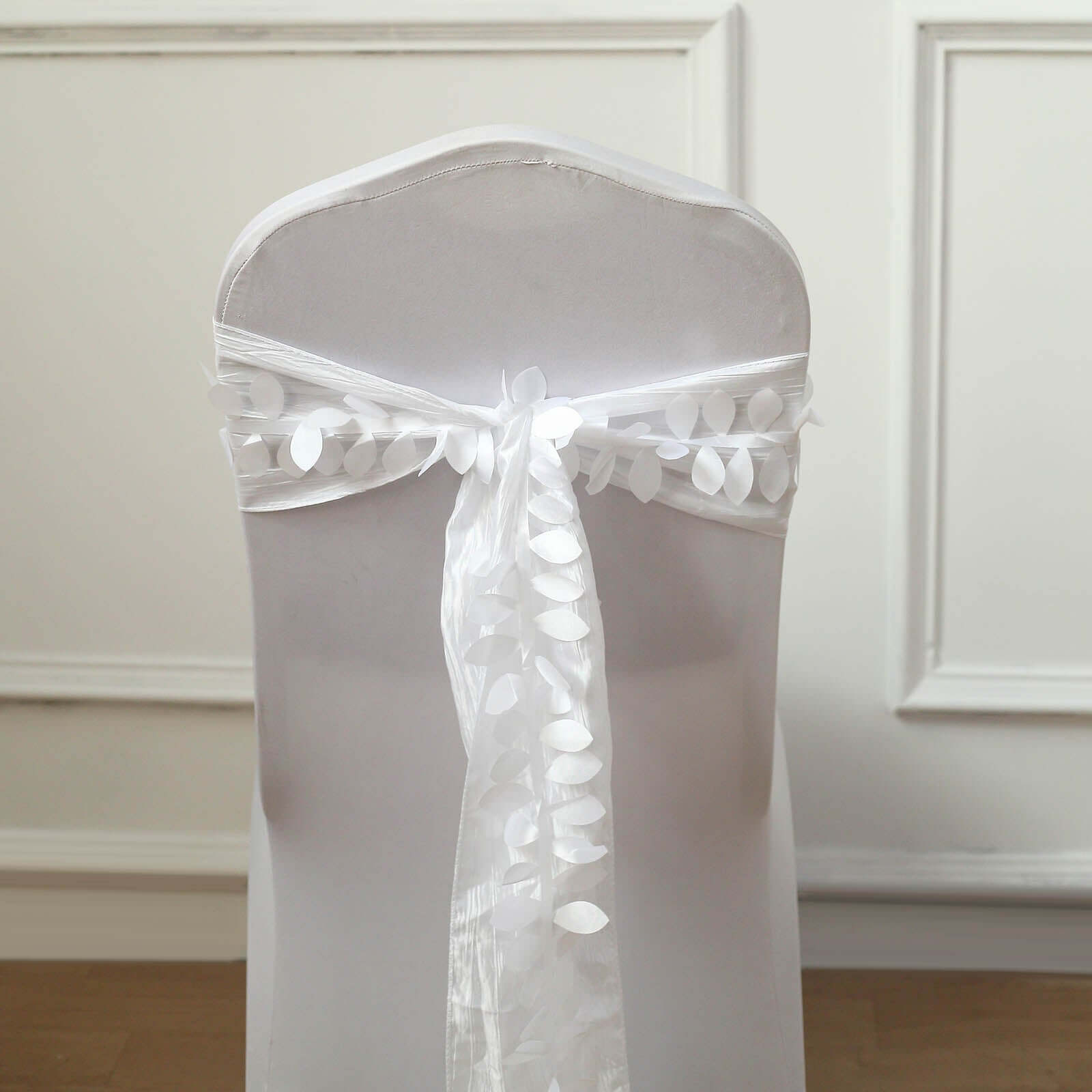 Taffeta Ribbon Sash with 4 Leaf Petal Design White 50ft - Sophisticated Artificial Fabric Garland for Events